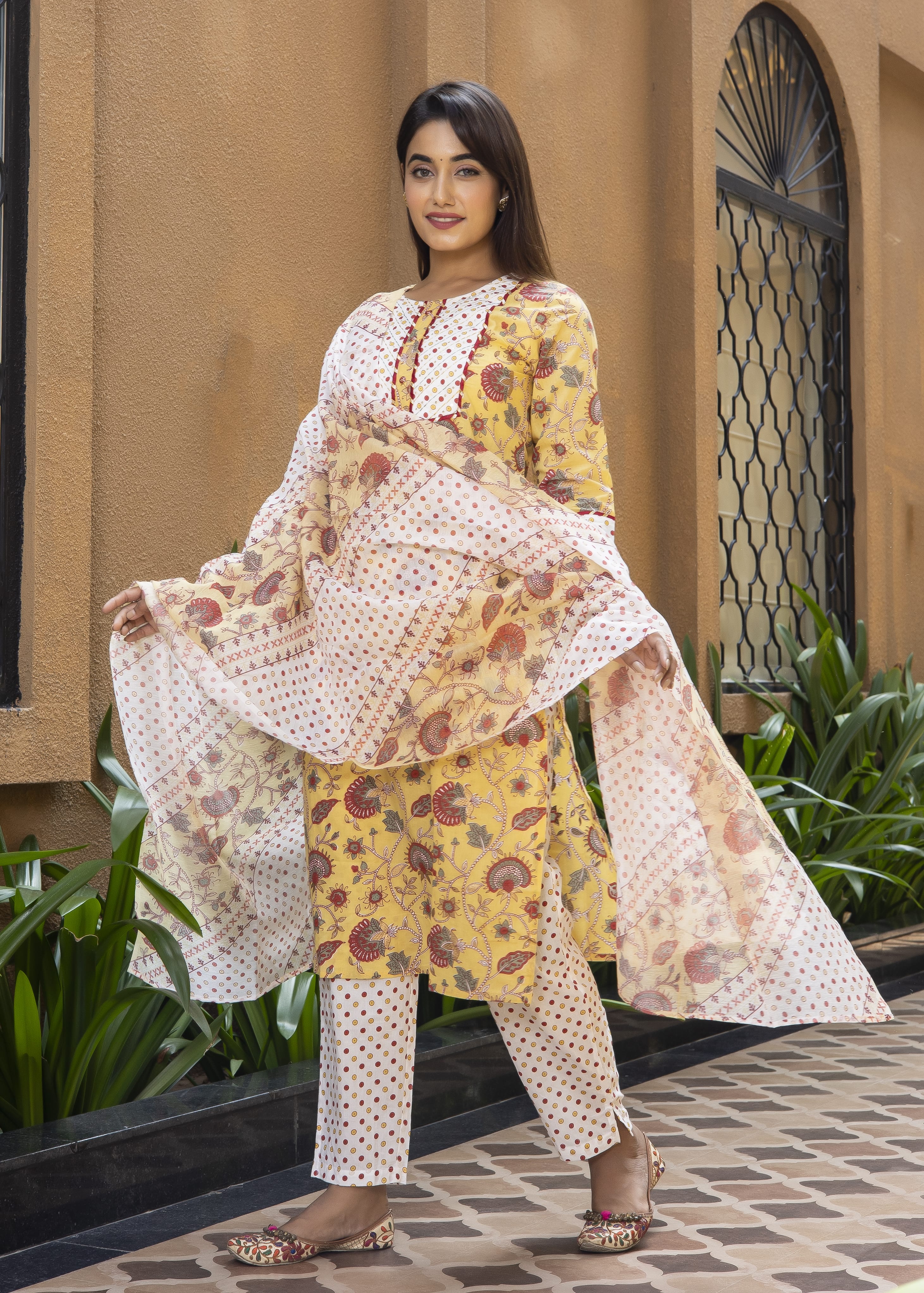 Yellow Floral Printed Cotton Suit Set