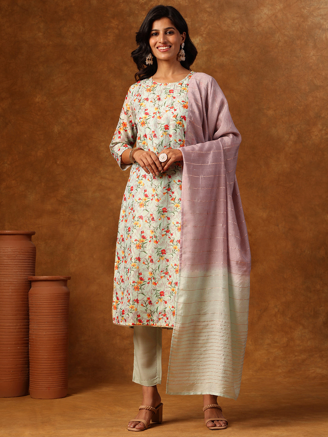Pastels in Bloom - Floral Printed Straight Kurta Set with Pant & Dupatta