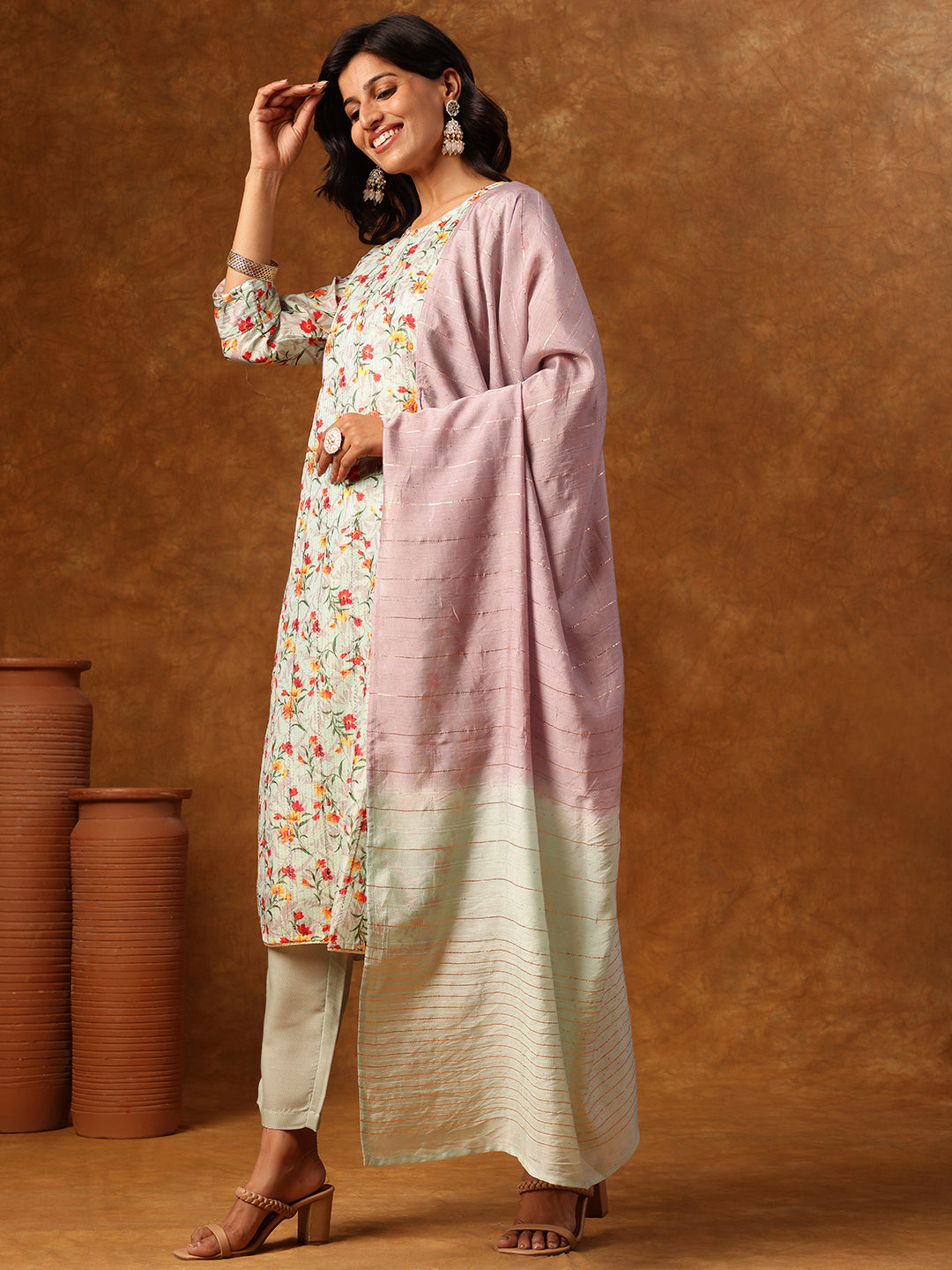 Pastels in Bloom - Floral Printed Straight Kurta Set with Pant & Dupatta