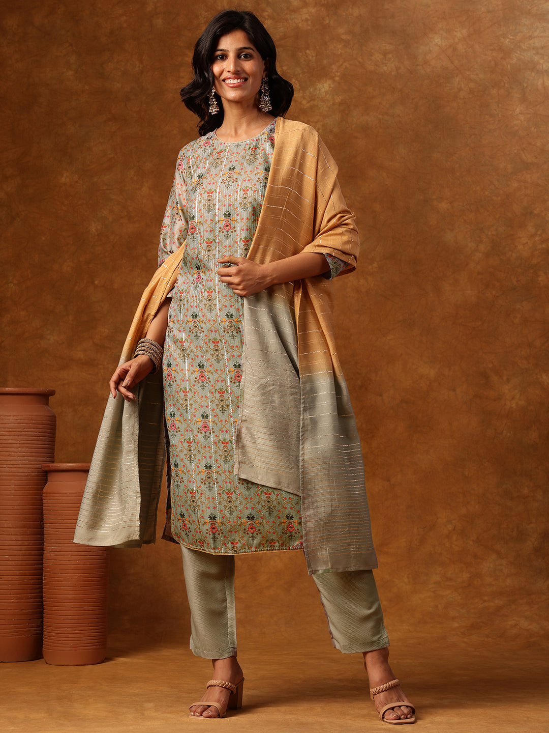 Floral Grace Meets Festive Glamour - Straight Kurta Set with Pant & Dupatta