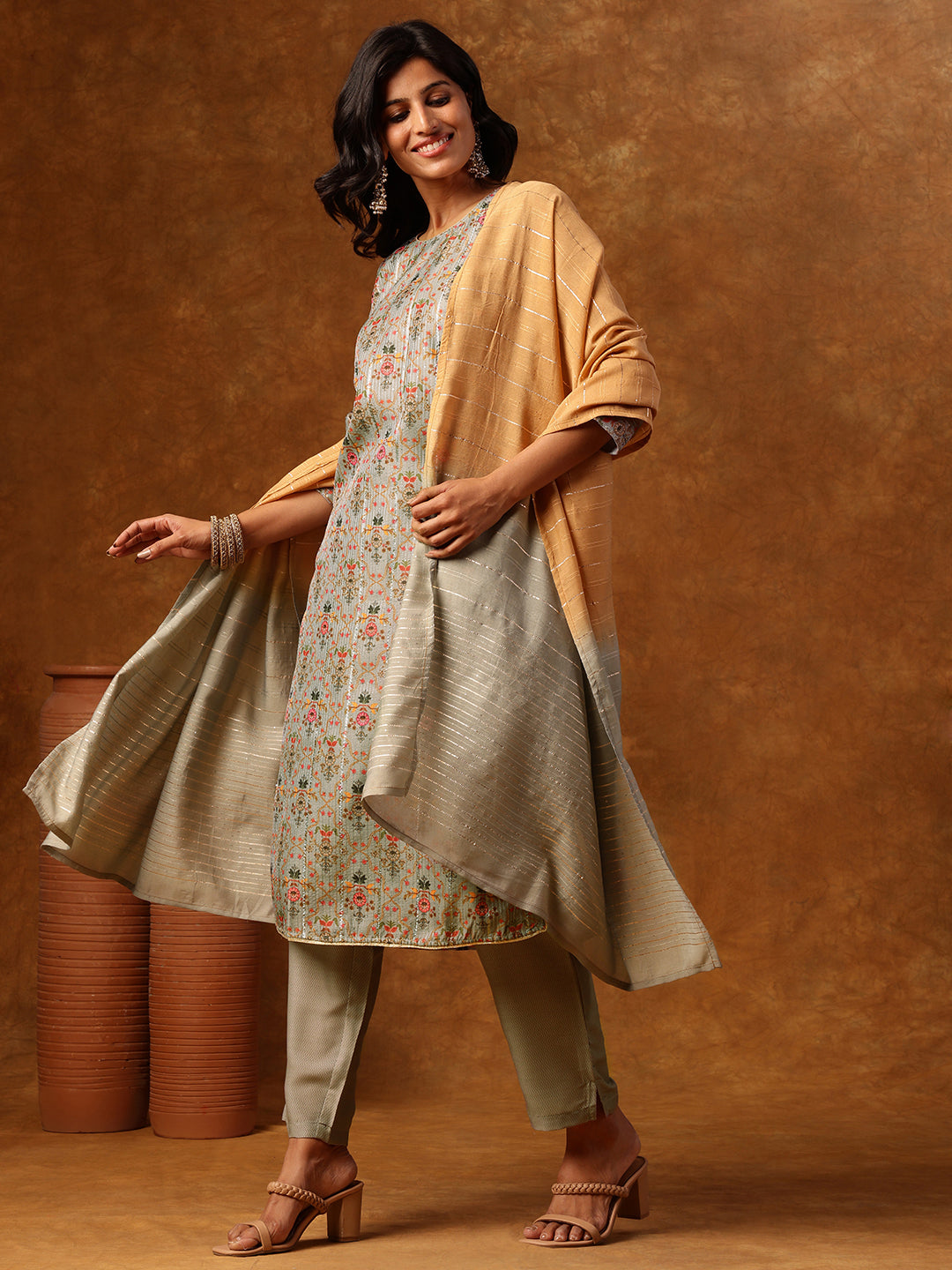 Floral Grace Meets Festive Glamour - Straight Kurta Set with Pant & Dupatta