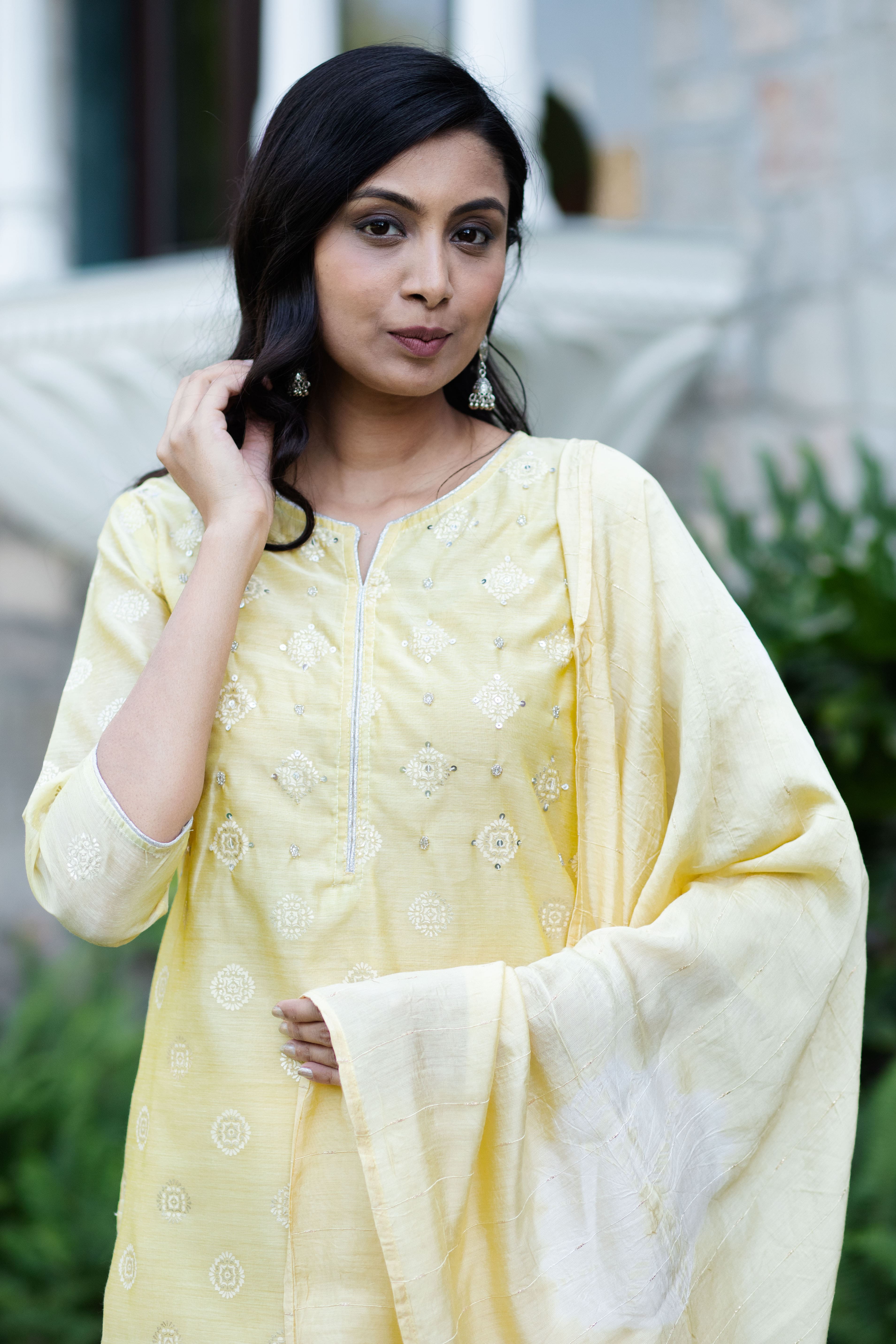 Yellow Chanderi Blend Straight Kurta Set with Pants & Dupatta