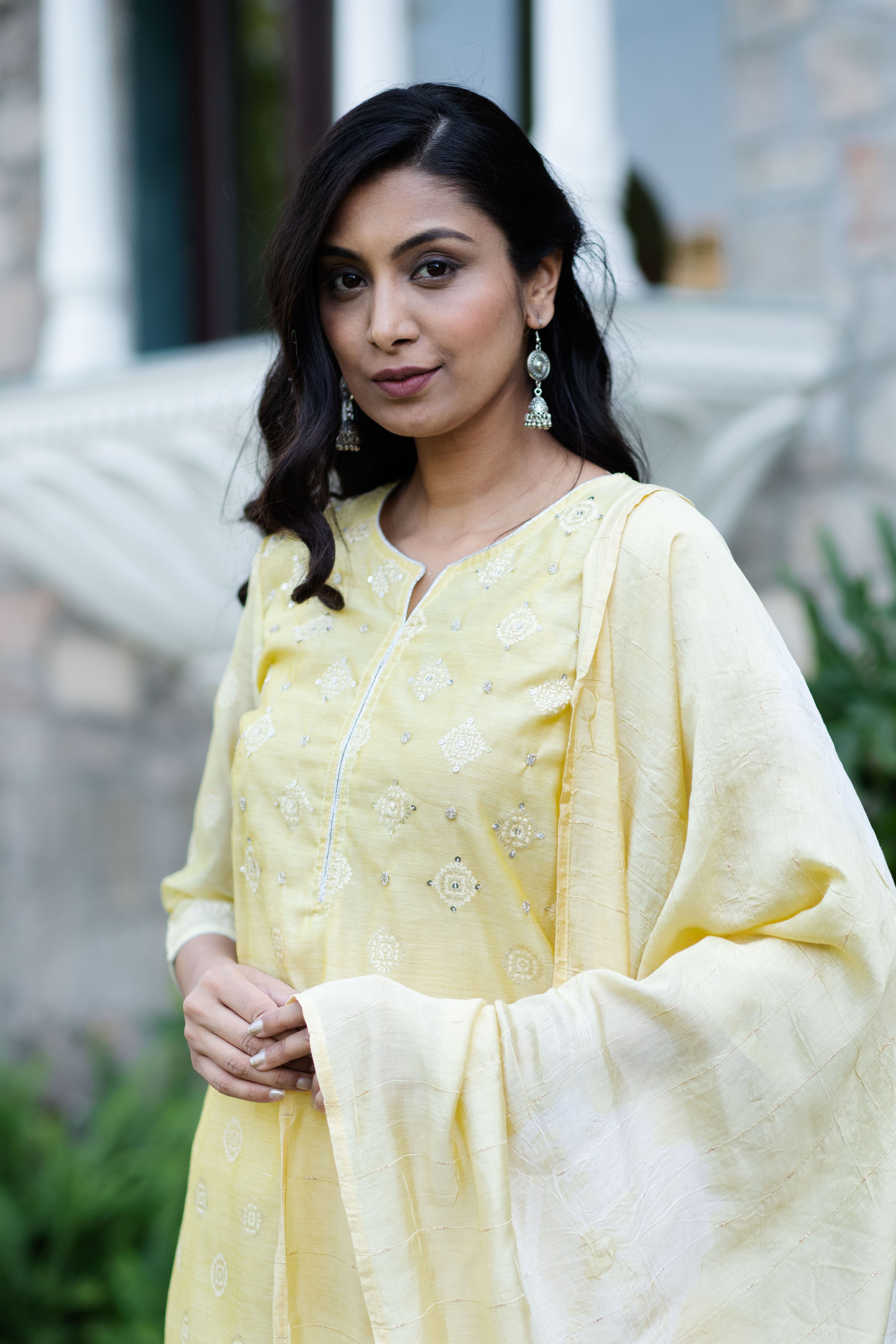 Yellow Chanderi Blend Straight Kurta Set with Pants & Dupatta