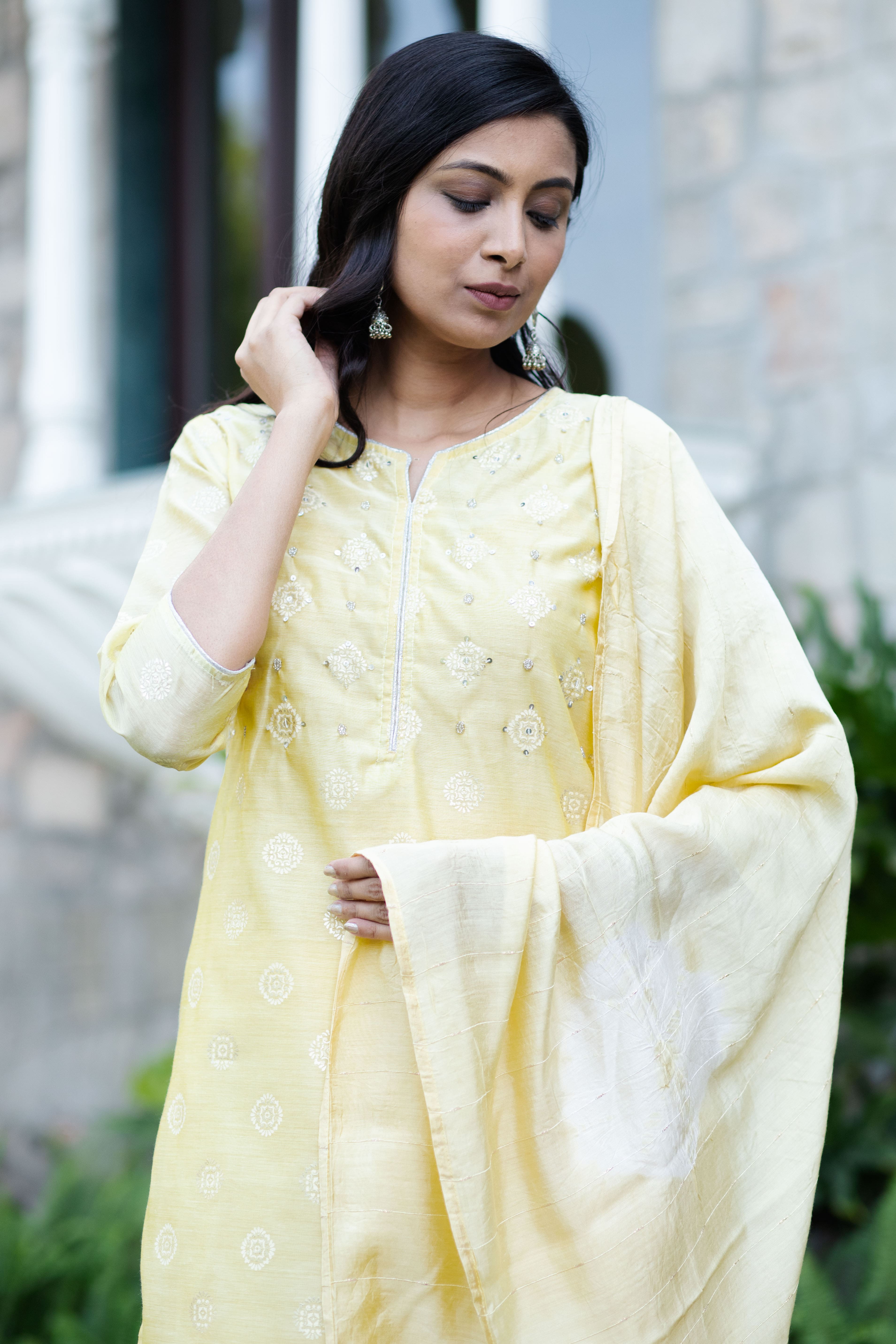 Yellow Chanderi Blend Straight Kurta Set with Pants & Dupatta