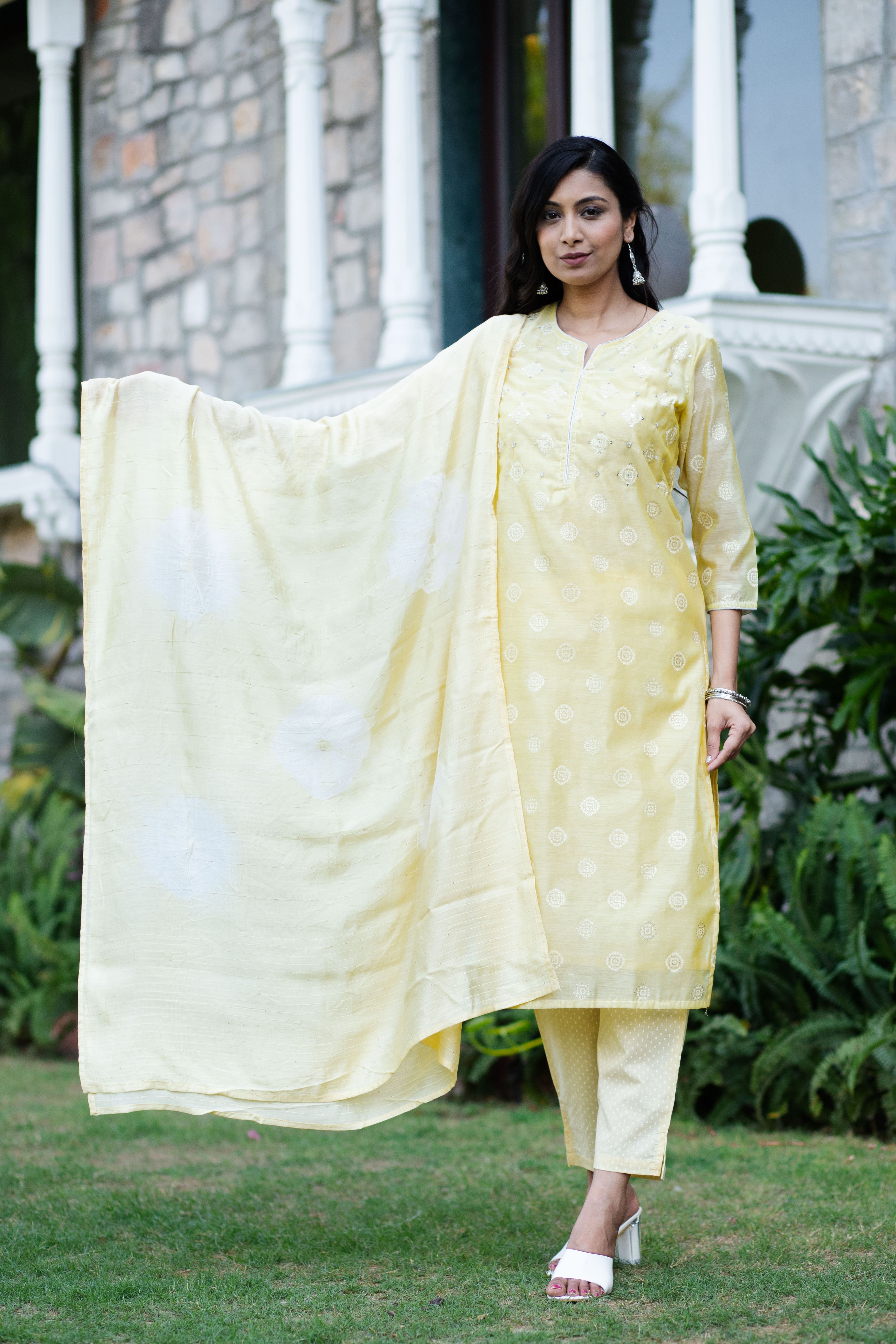 Yellow Chanderi Blend Straight Kurta Set with Pants & Dupatta
