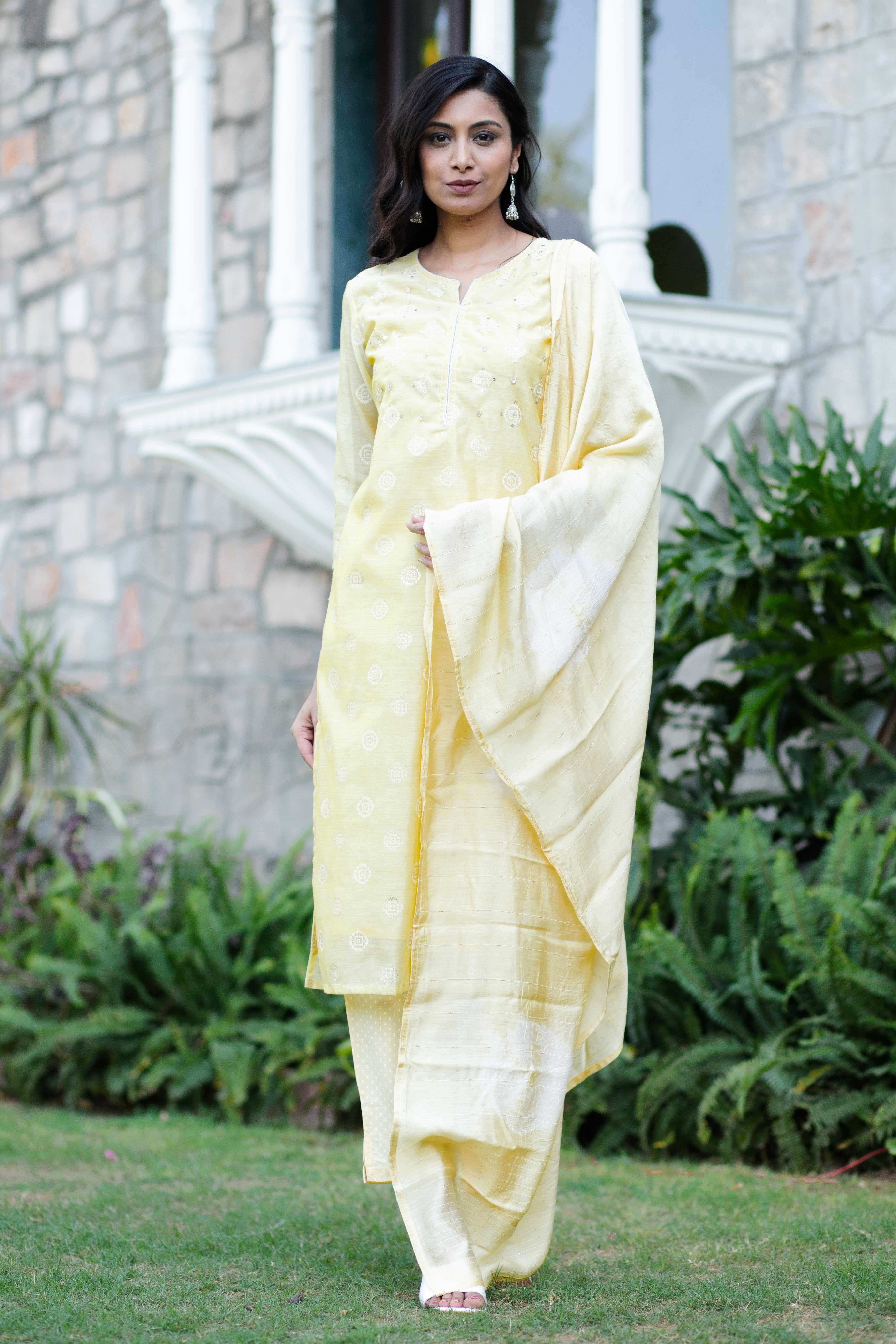 Yellow Chanderi Blend Straight Kurta Set with Pants & Dupatta