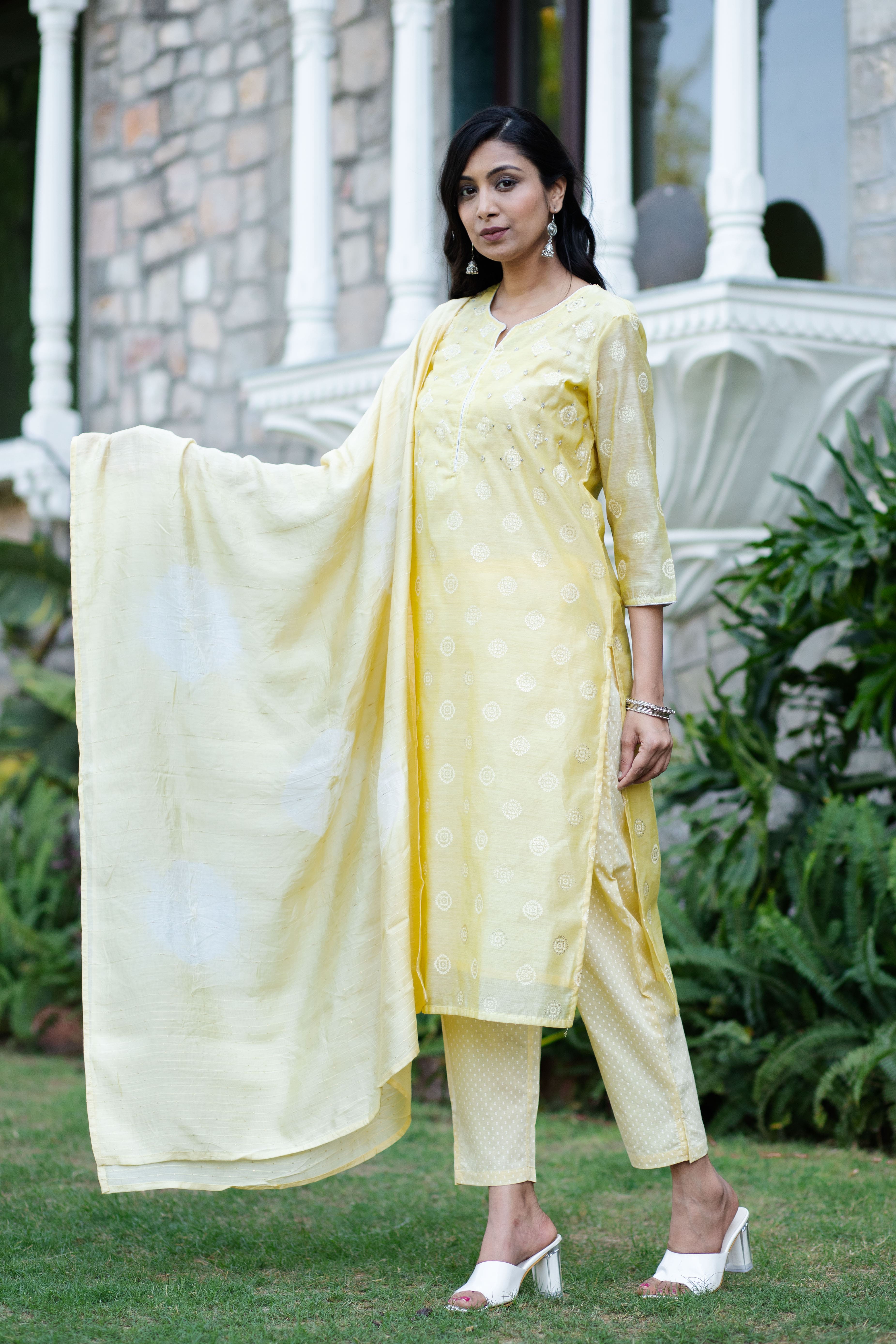 Yellow Chanderi Blend Straight Kurta Set with Pants & Dupatta