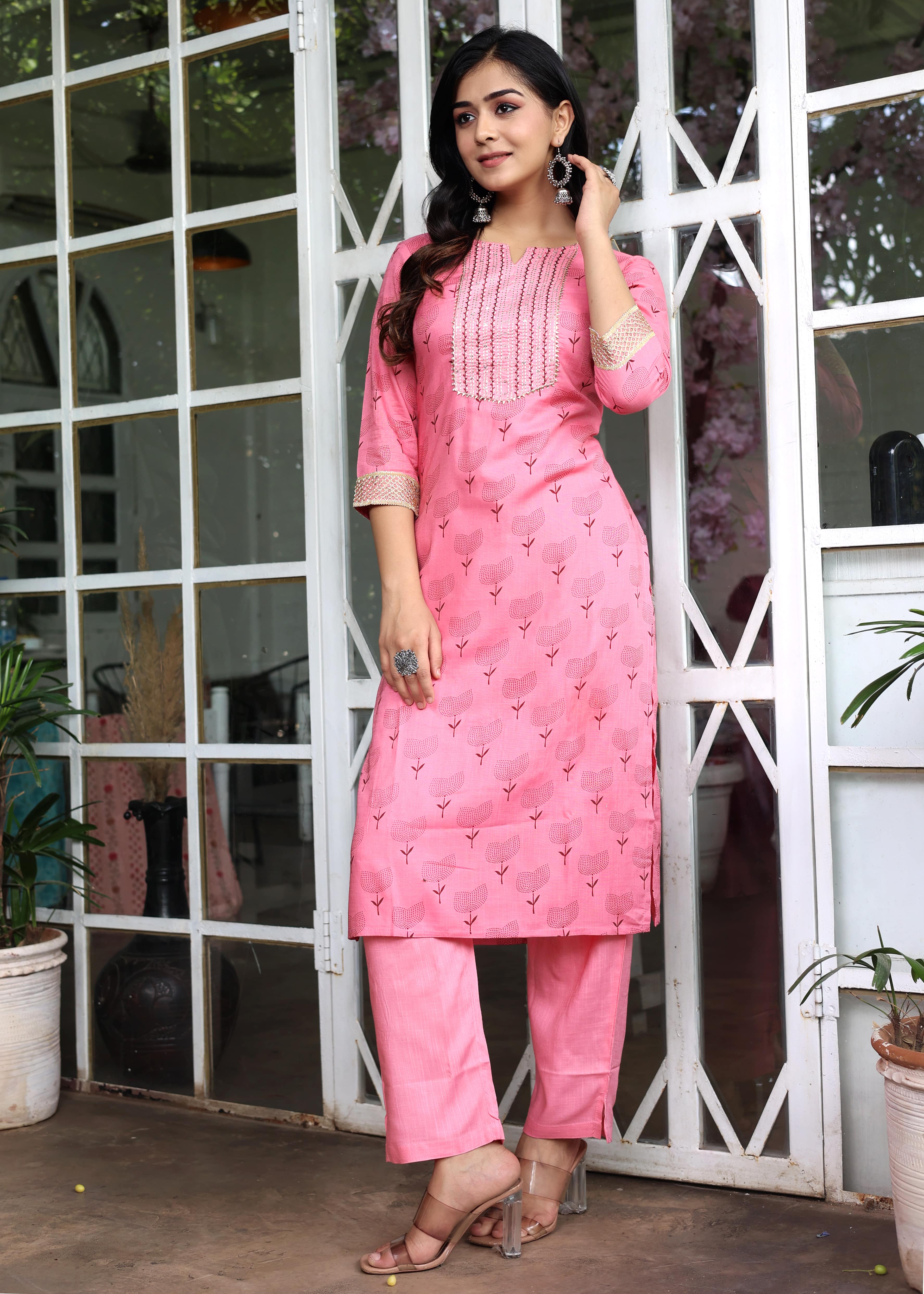 Floral Embroidered Pink Kurta Set with Pants