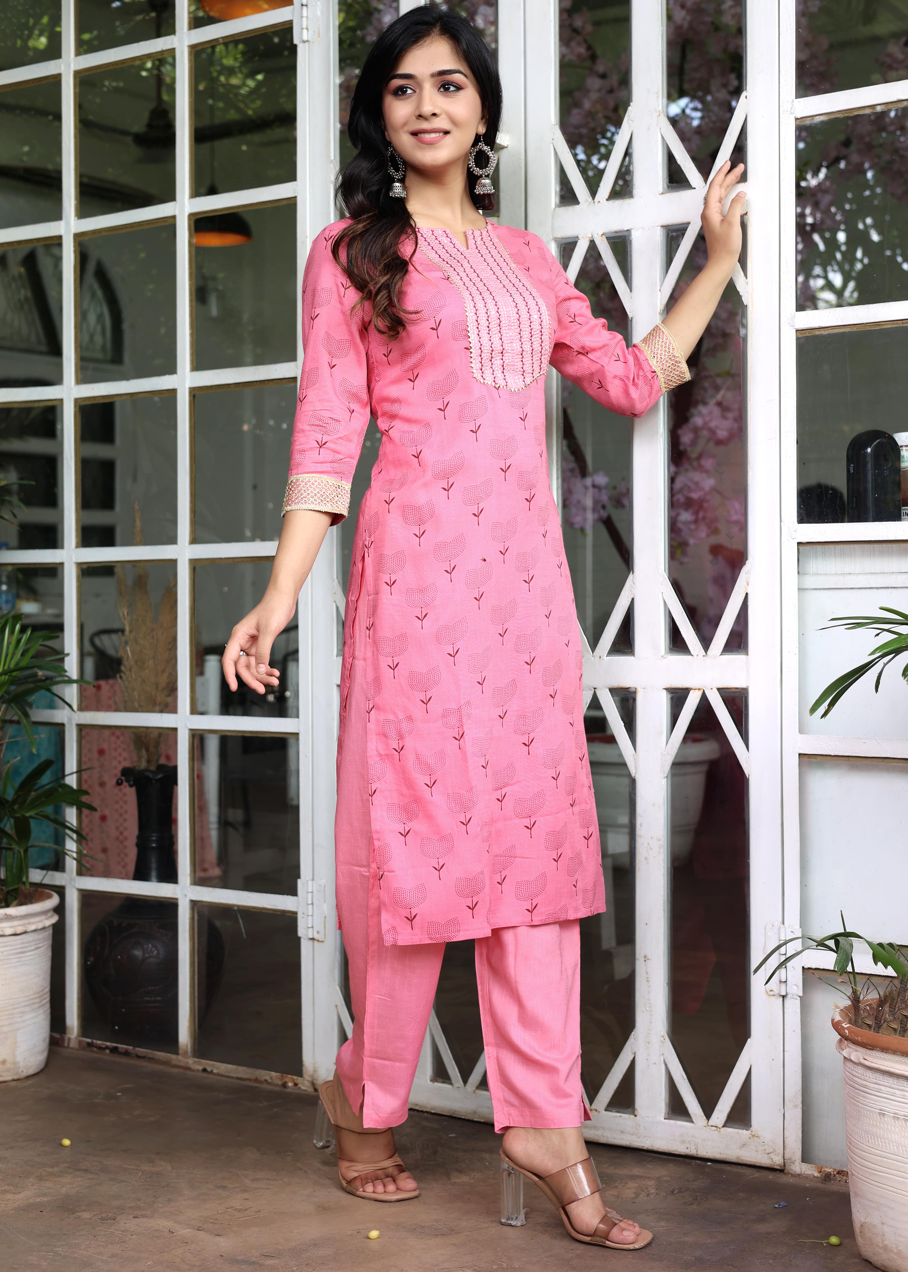 Floral Embroidered Pink Kurta Set with Pants