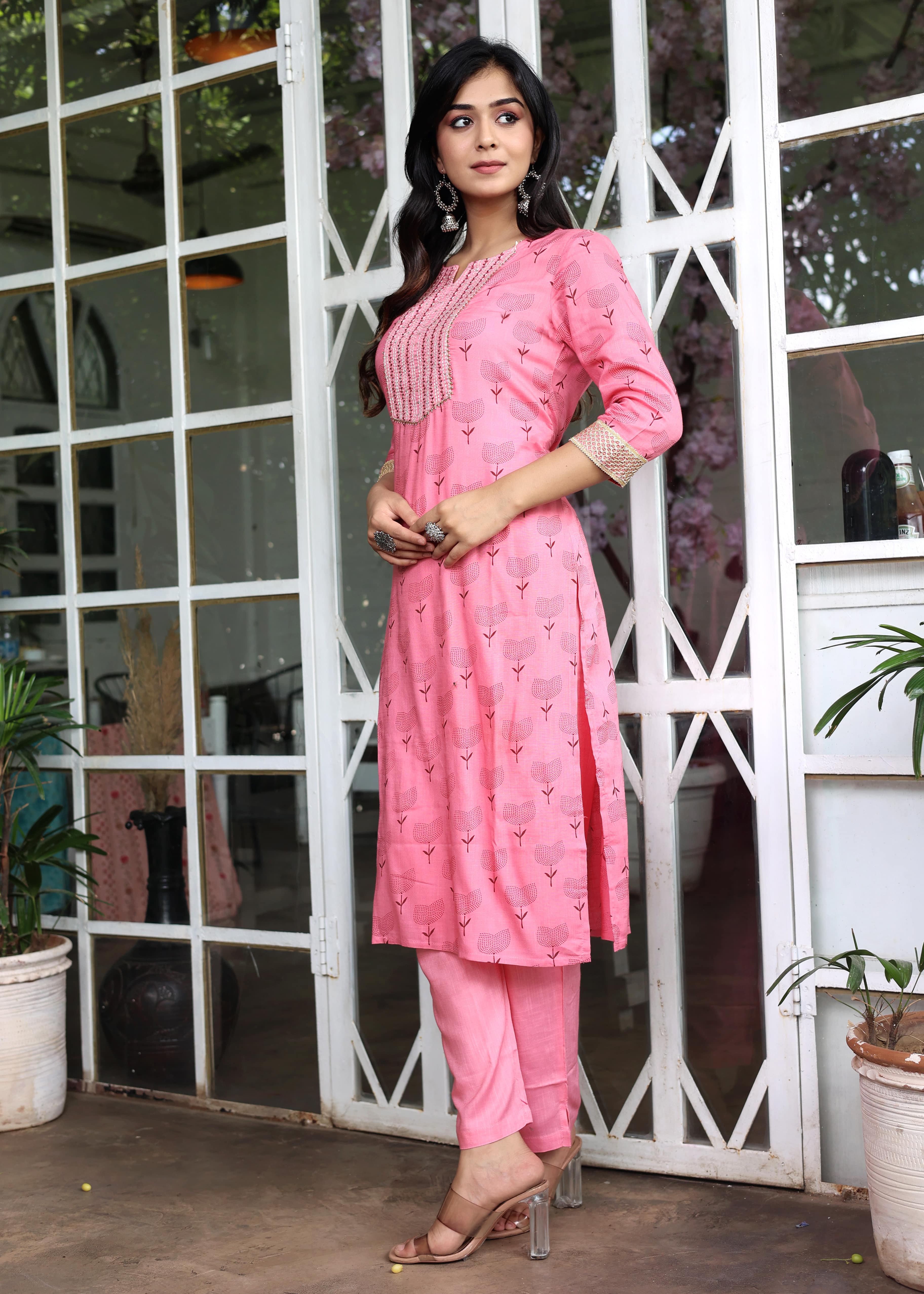 Floral Embroidered Pink Kurta Set with Pants