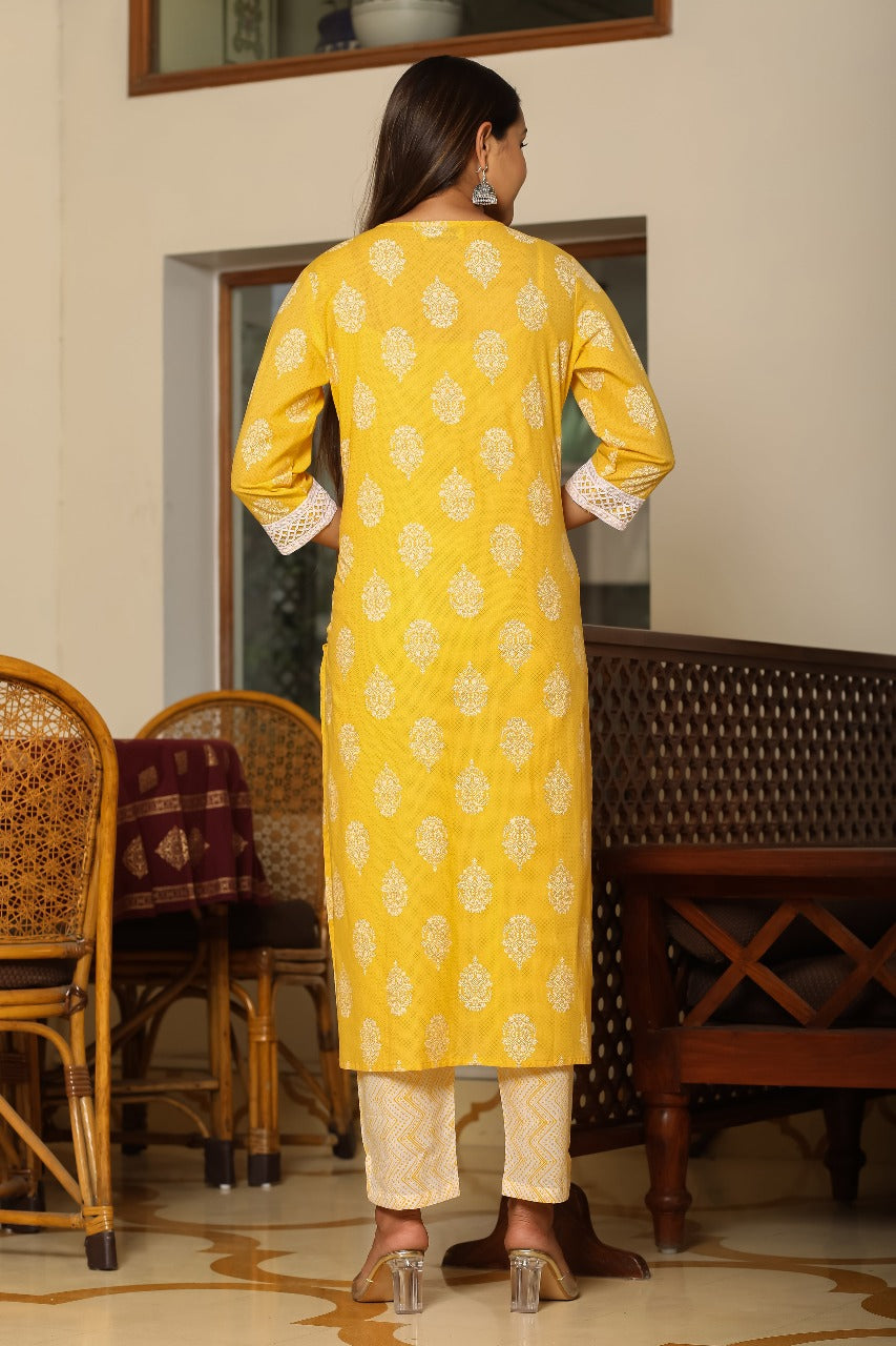Sunshine Yellow Printed Cotton Kurta Set with Dupatta