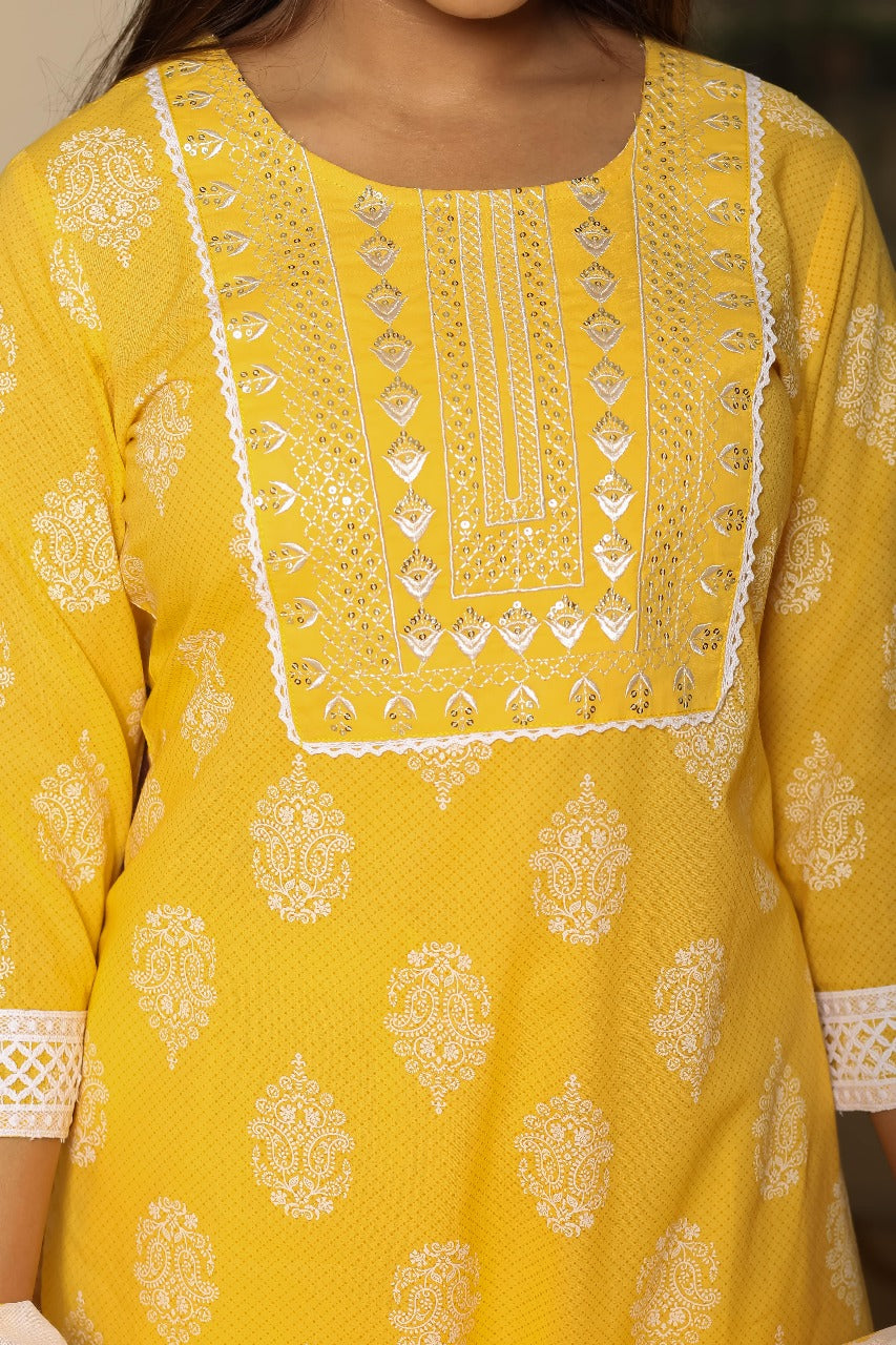 Sunshine Yellow Printed Cotton Kurta Set with Dupatta