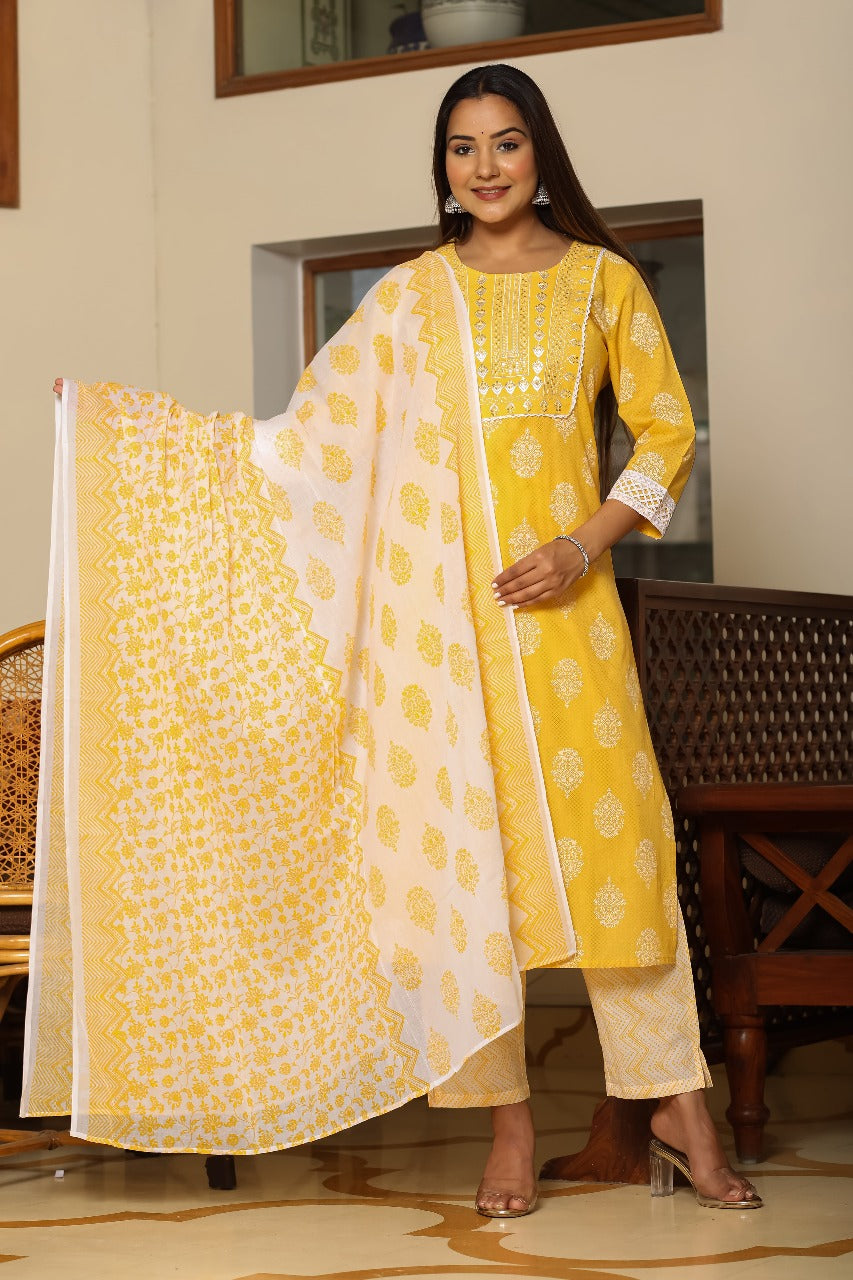 Sunshine Yellow Printed Cotton Kurta Set with Dupatta