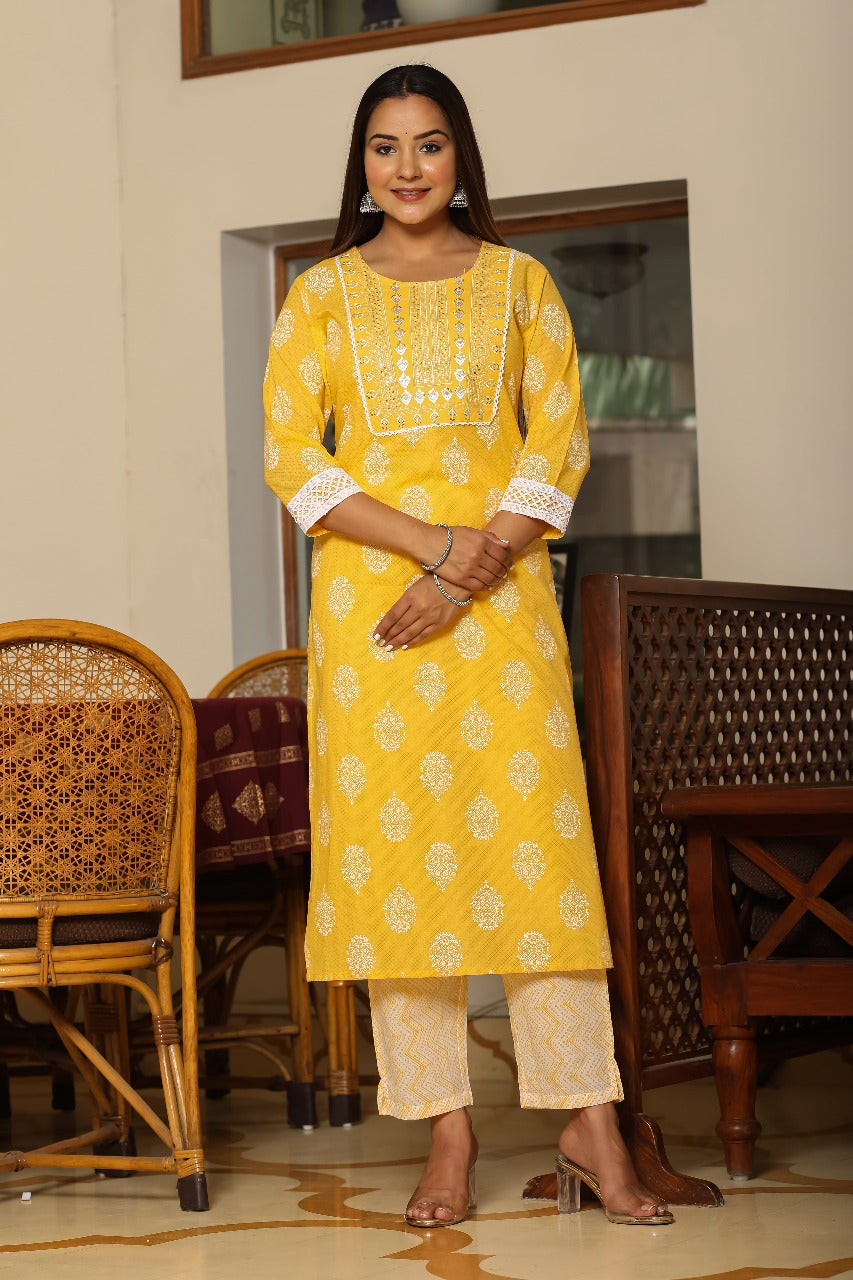 Sunshine Yellow Printed Cotton Kurta Set with Dupatta