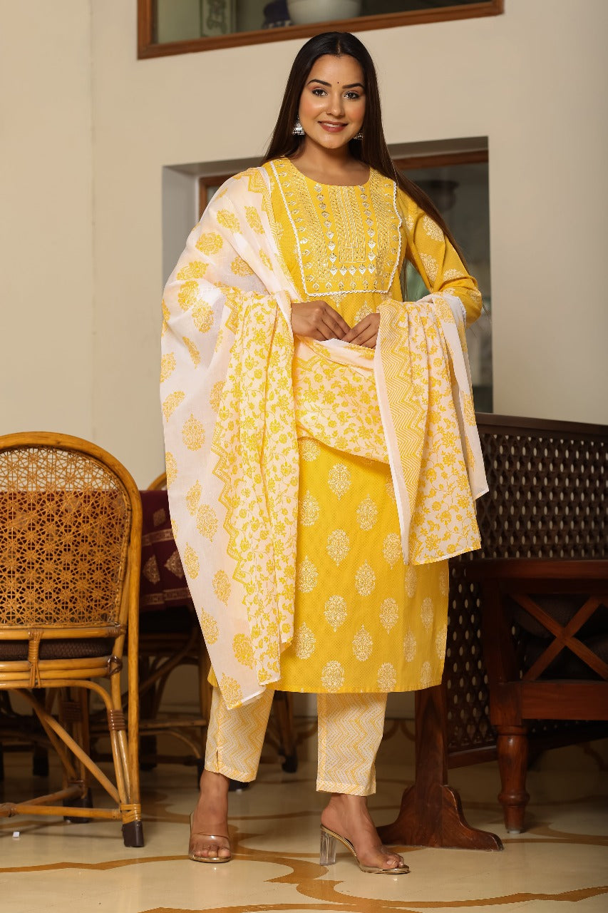 Sunshine Yellow Printed Cotton Kurta Set with Dupatta