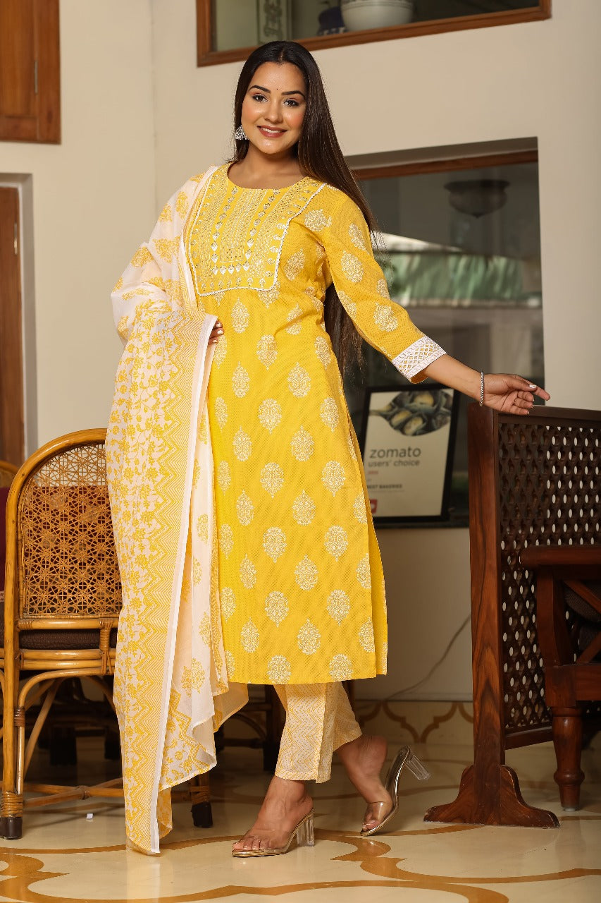 Sunshine Yellow Printed Cotton Kurta Set with Dupatta