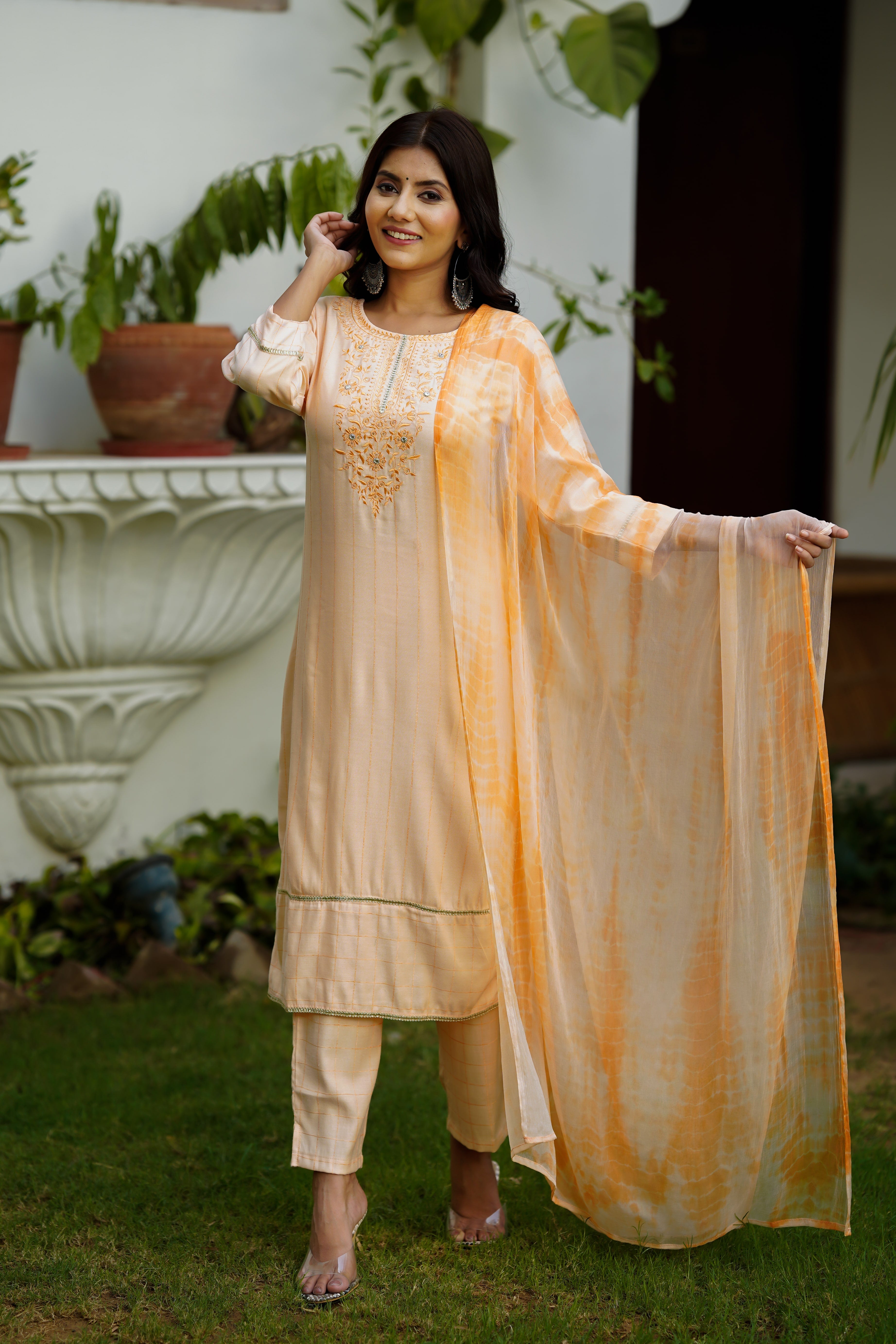 Peach Embroidered Straight Kurta Set with Dupatta