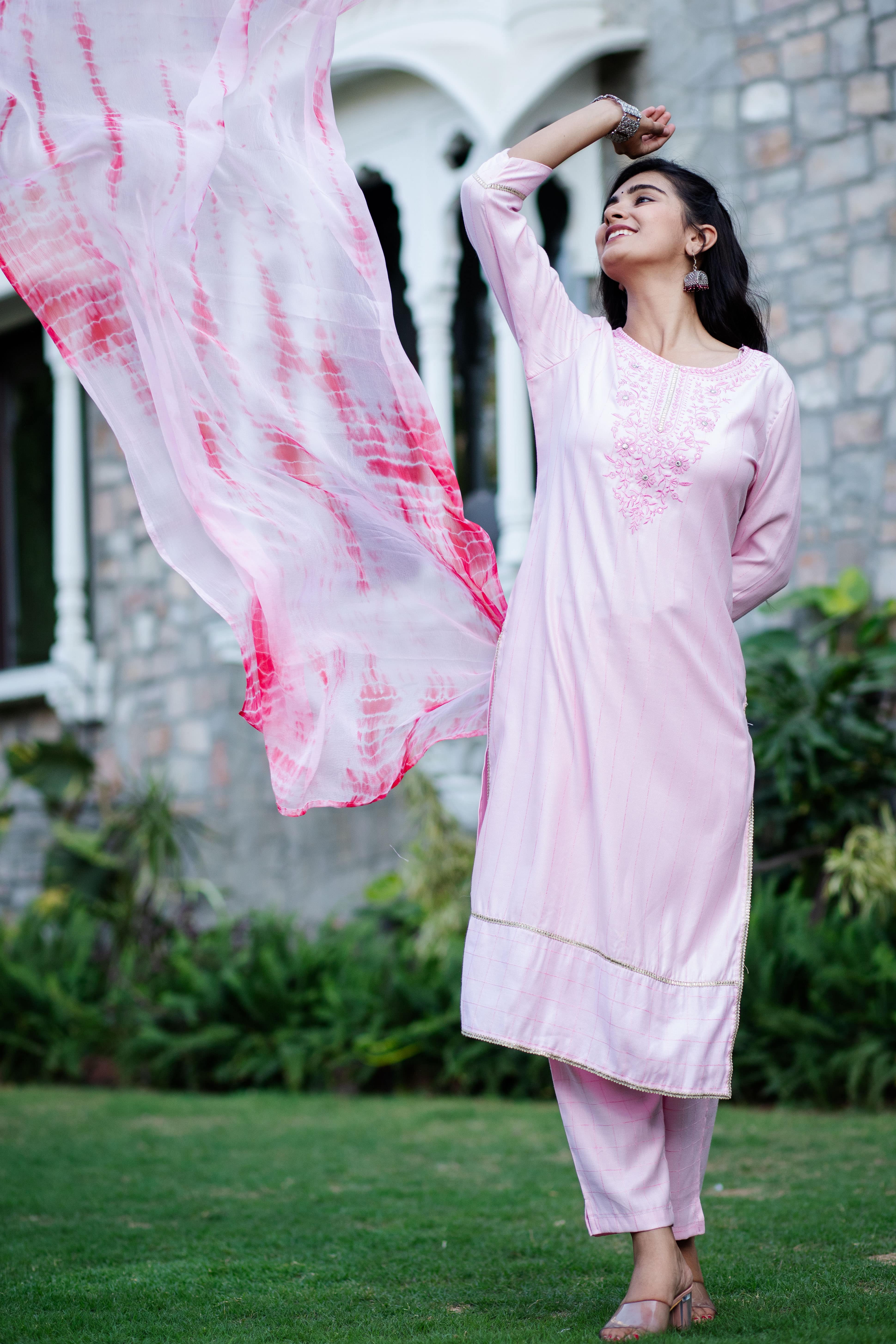 Blush Pink Embroidered Straight Kurta Set with Dupatta
