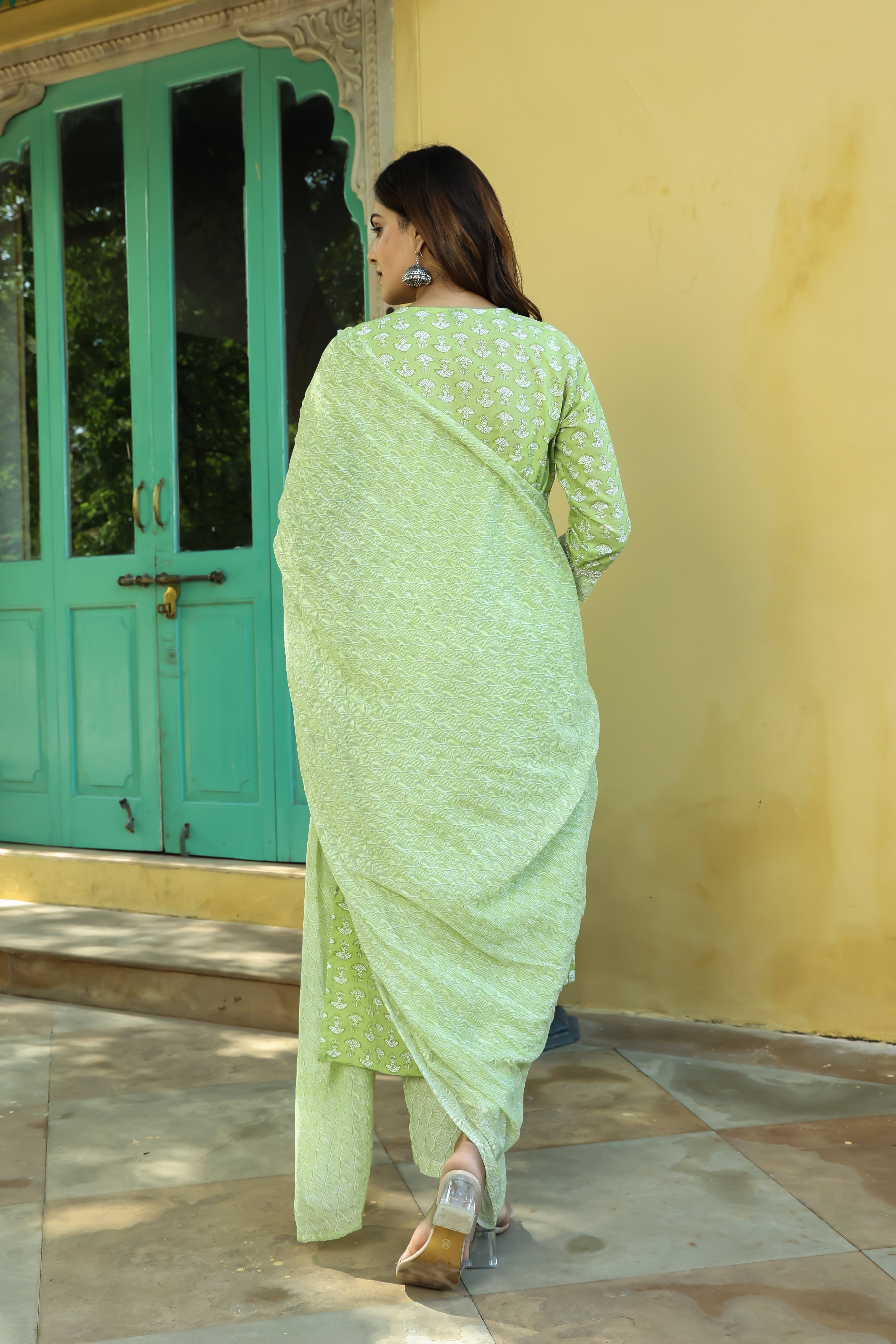 Light Green Printed Cotton Suit Set with Dupatta