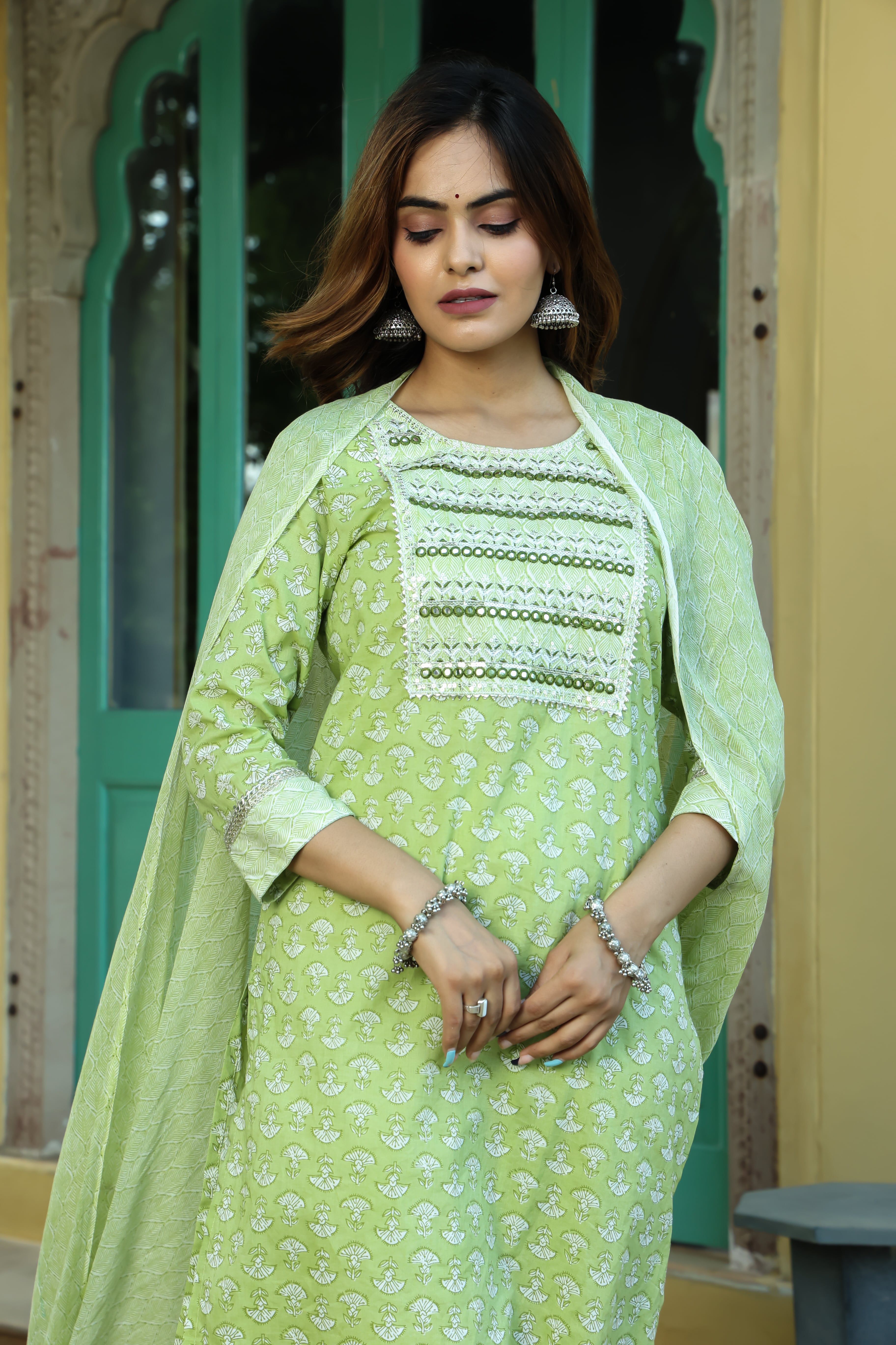 Light Green Printed Cotton Suit Set with Dupatta