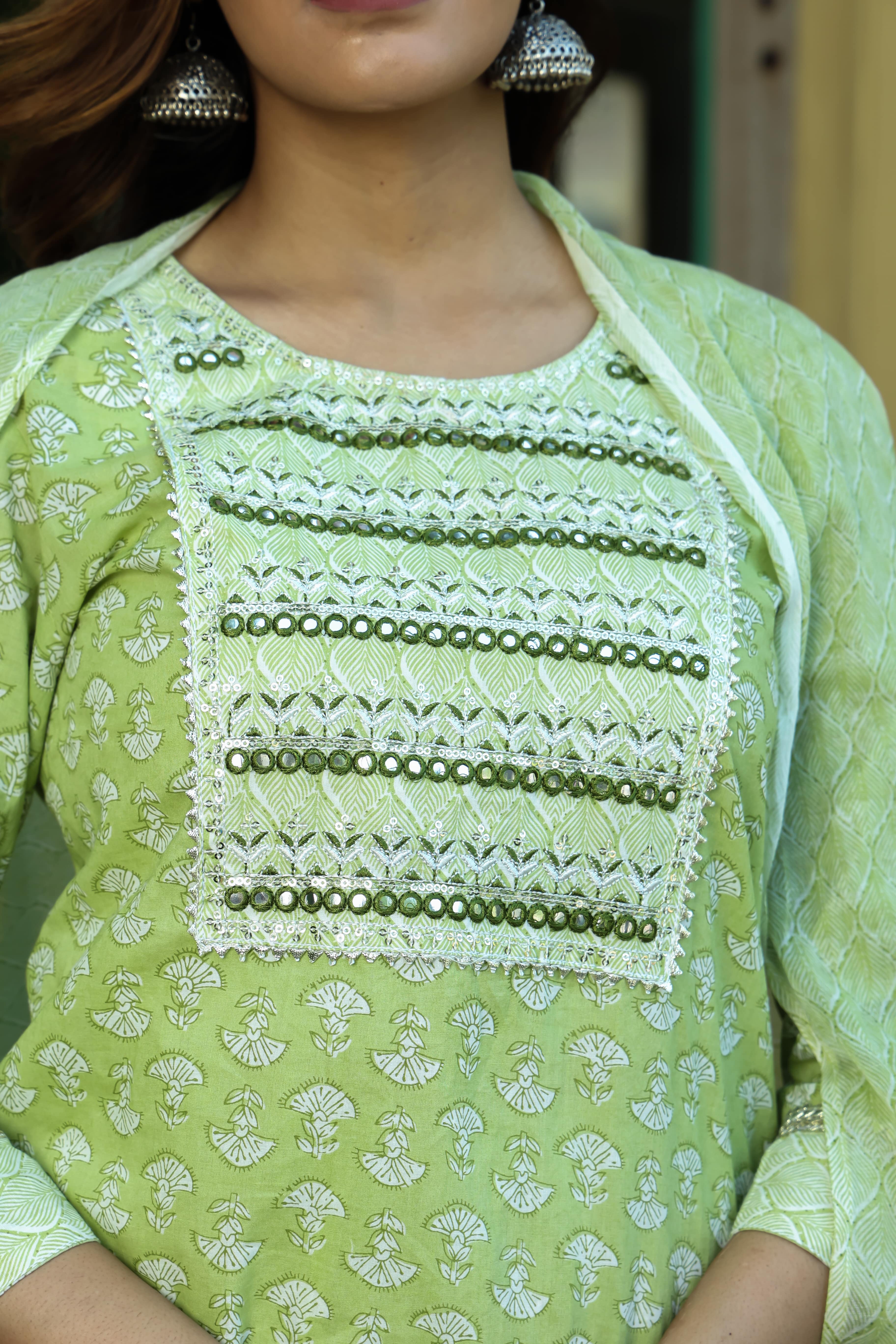 Light Green Printed Cotton Suit Set with Dupatta
