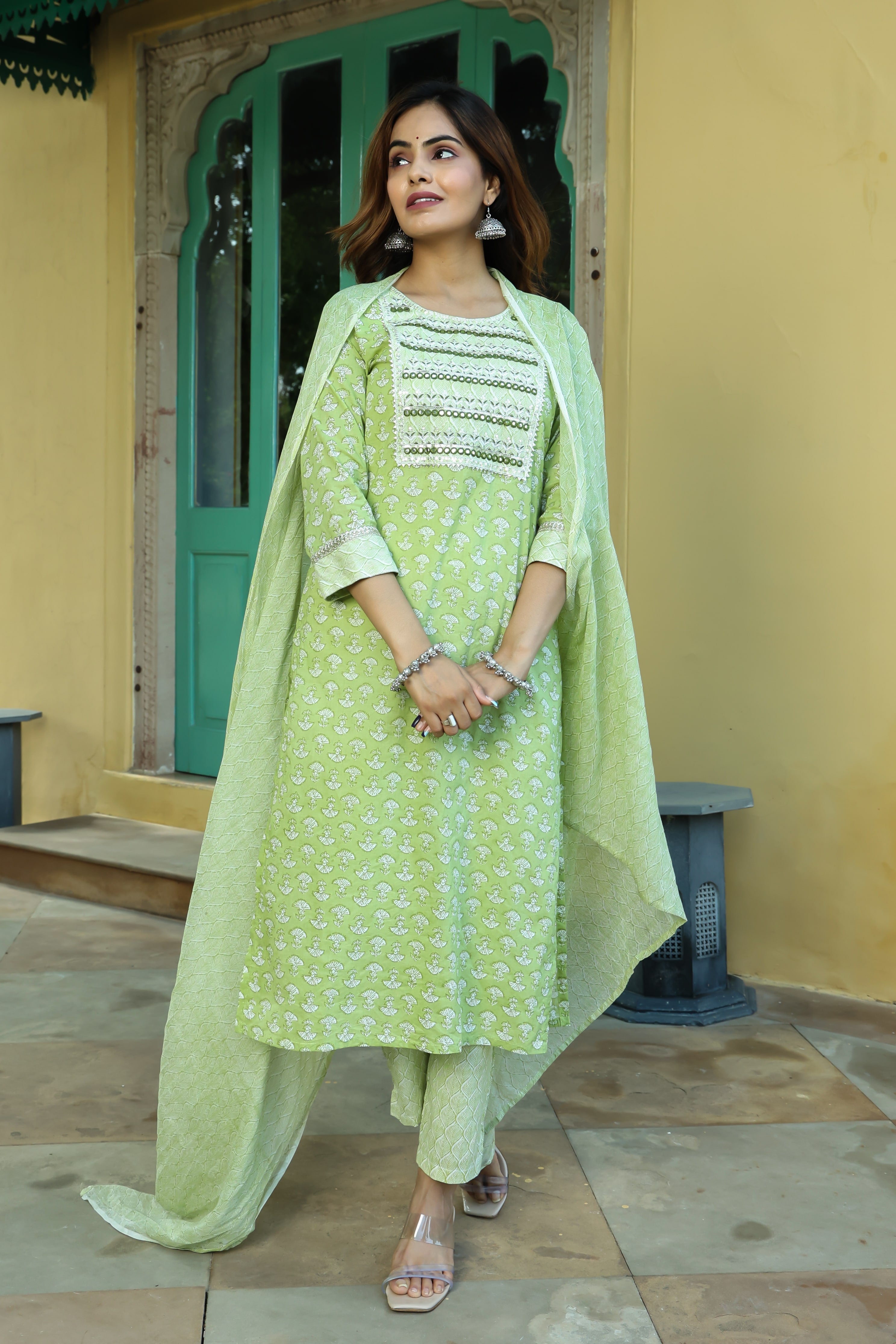 Light Green Printed Cotton Suit Set with Dupatta