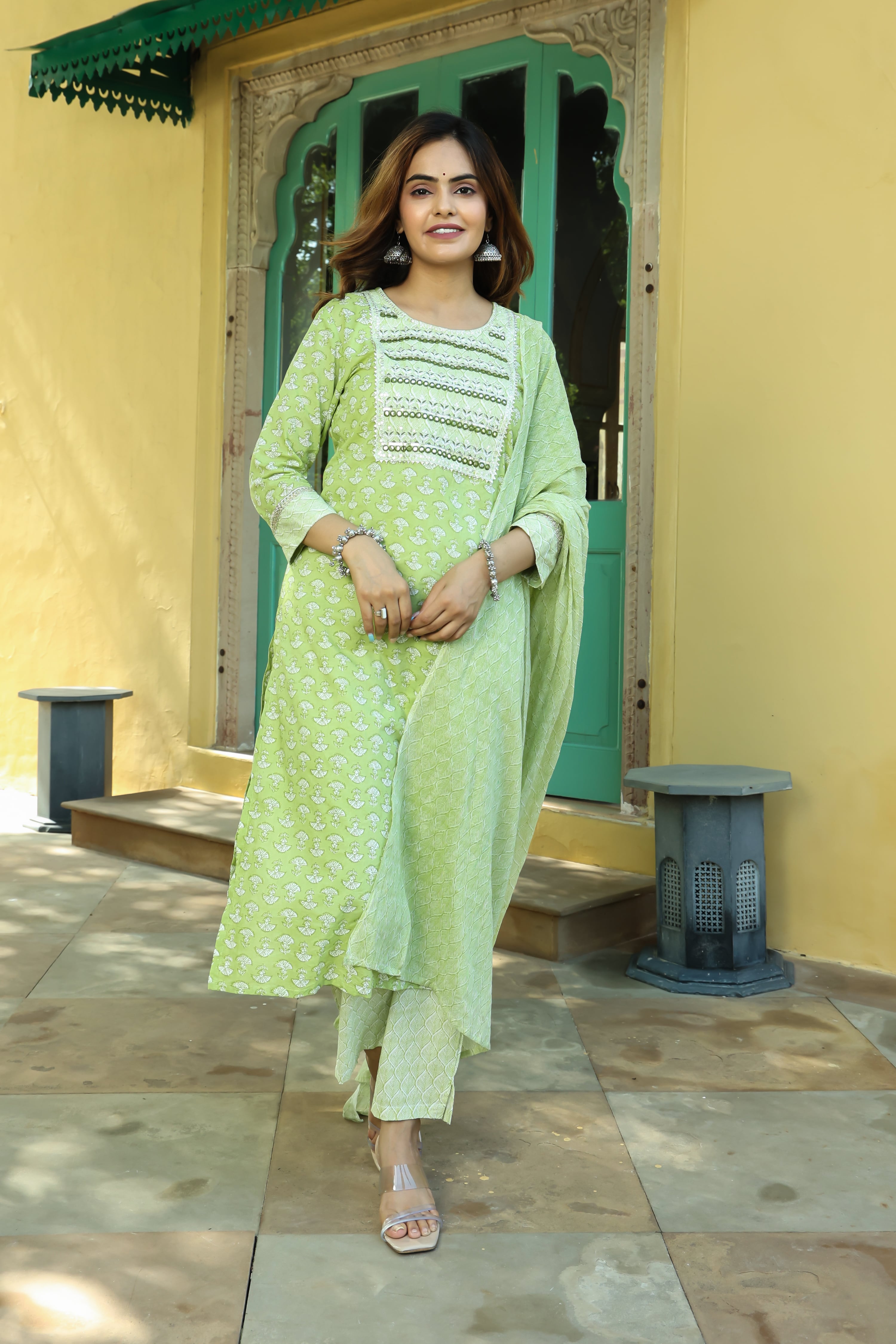 Light Green Printed Cotton Suit Set with Dupatta
