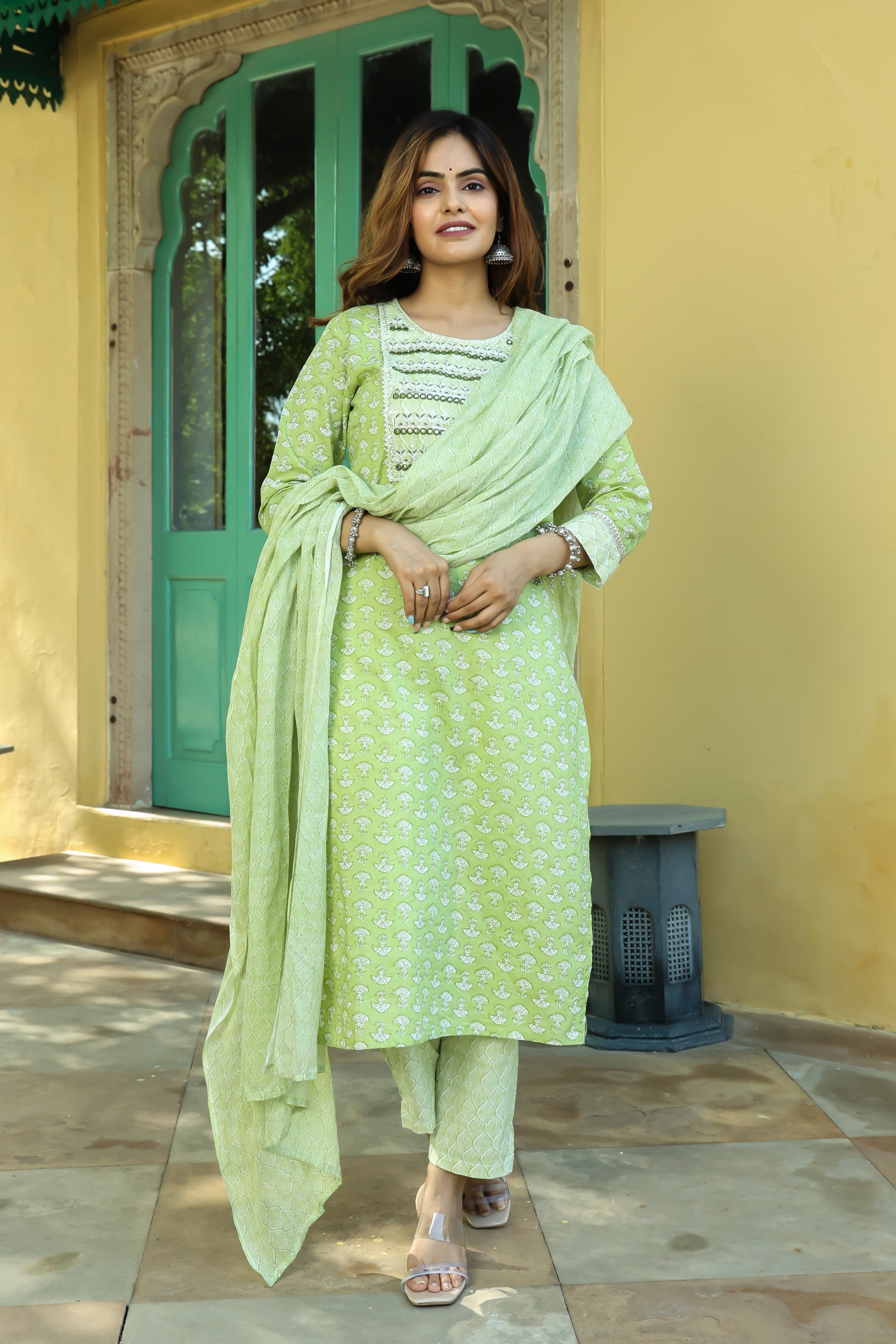 Light Green Printed Cotton Suit Set with Dupatta