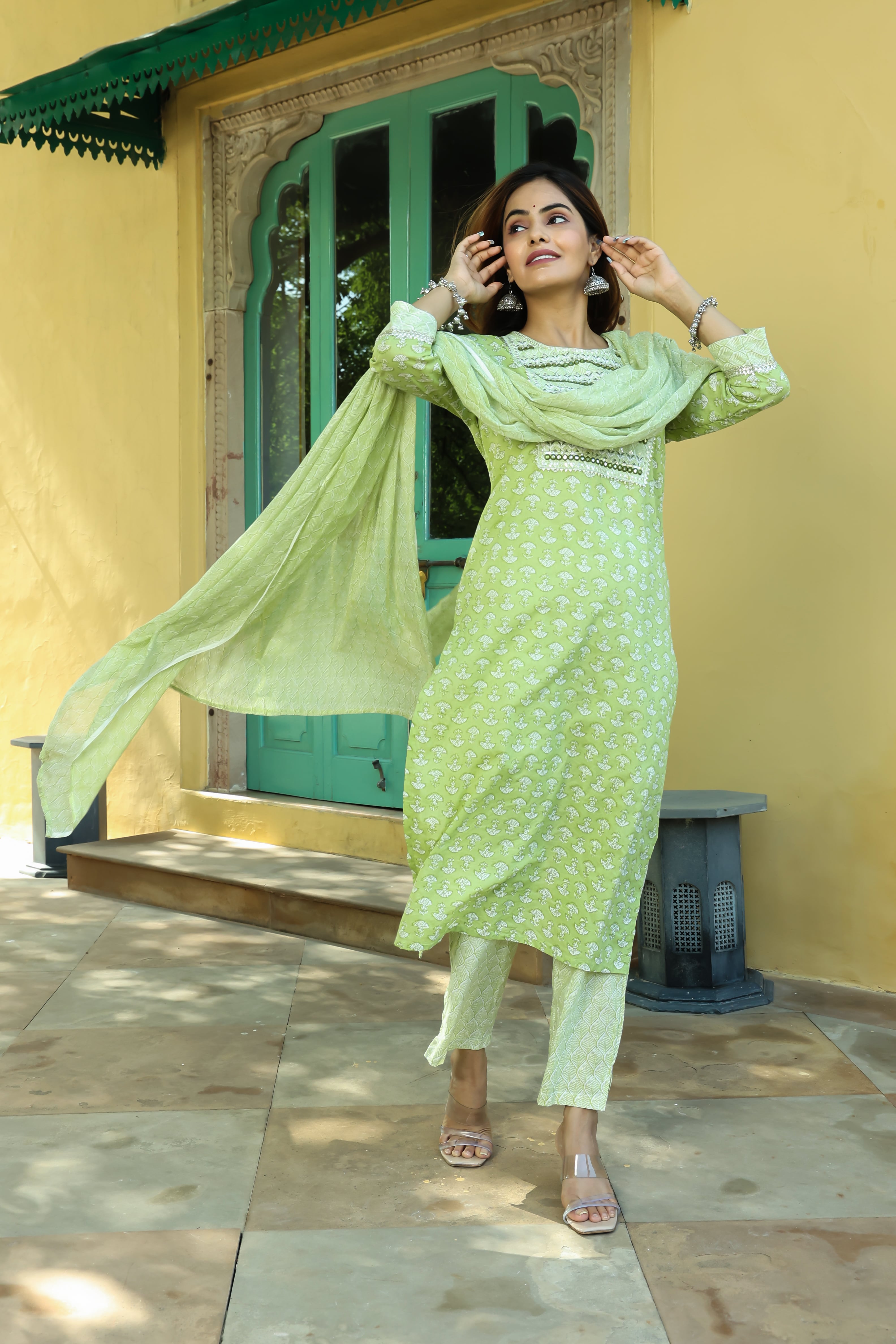 Light Green Printed Cotton Suit Set with Dupatta