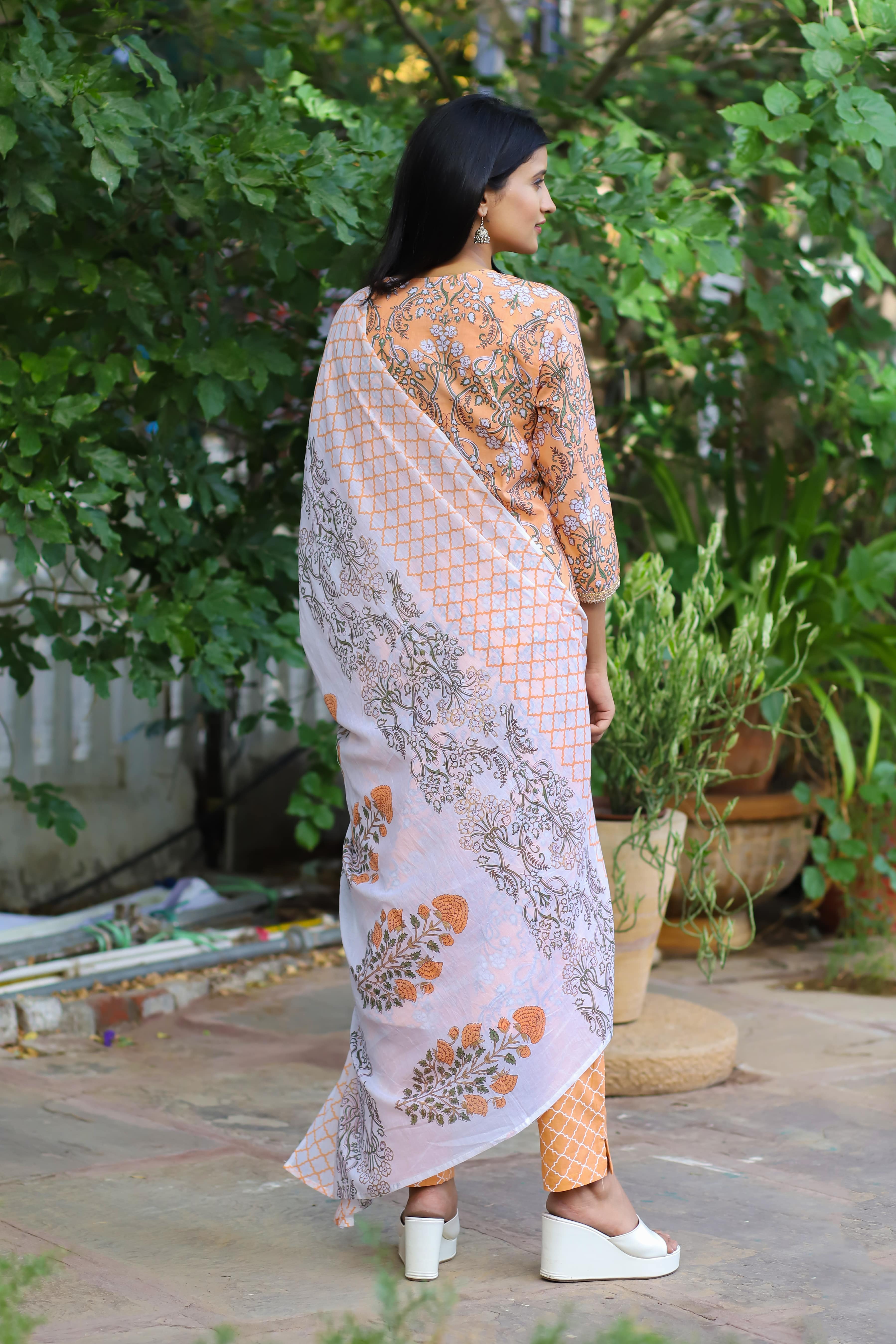 Peach Floral Printed Cotton Suit Set