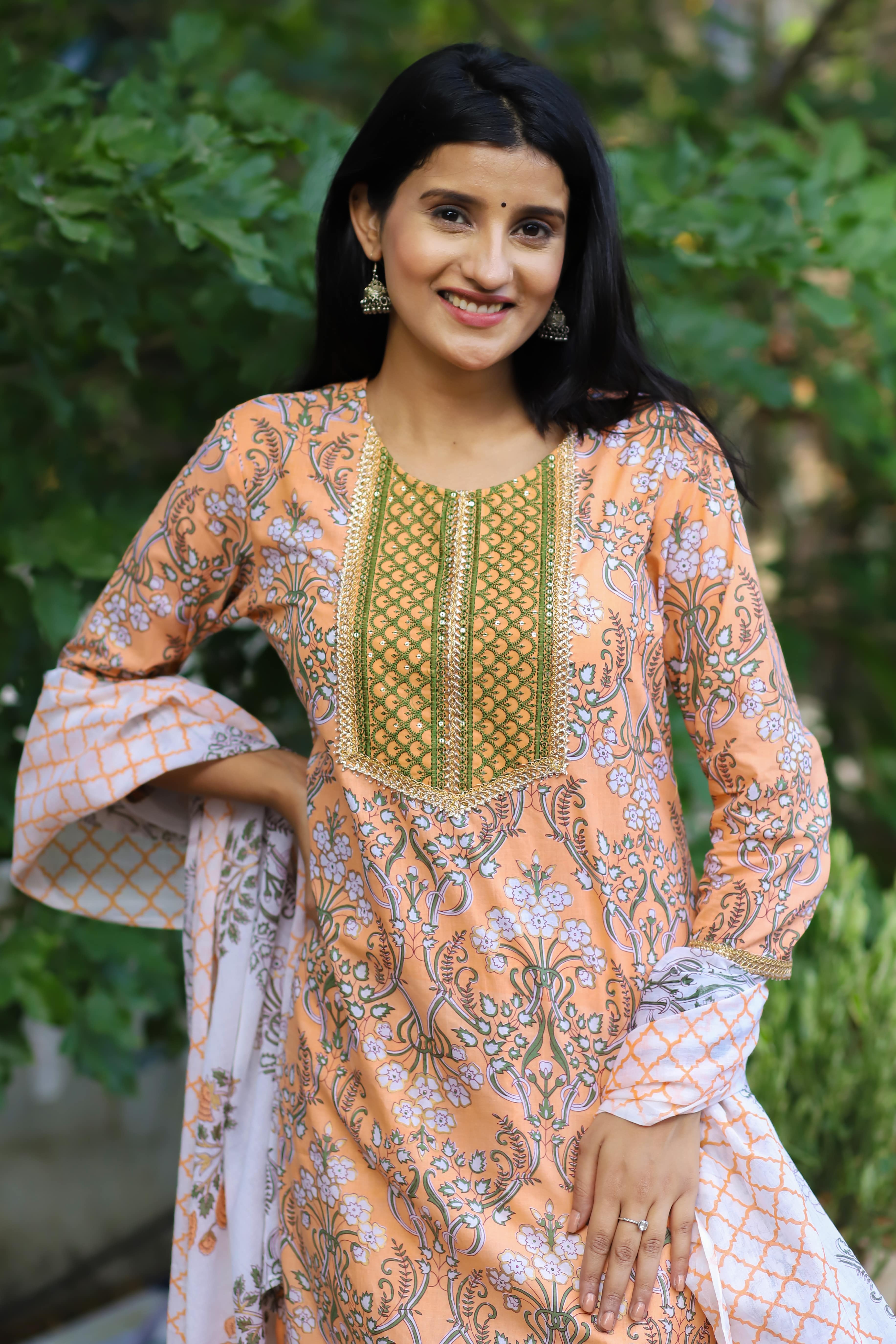 Peach Floral Printed Cotton Suit Set