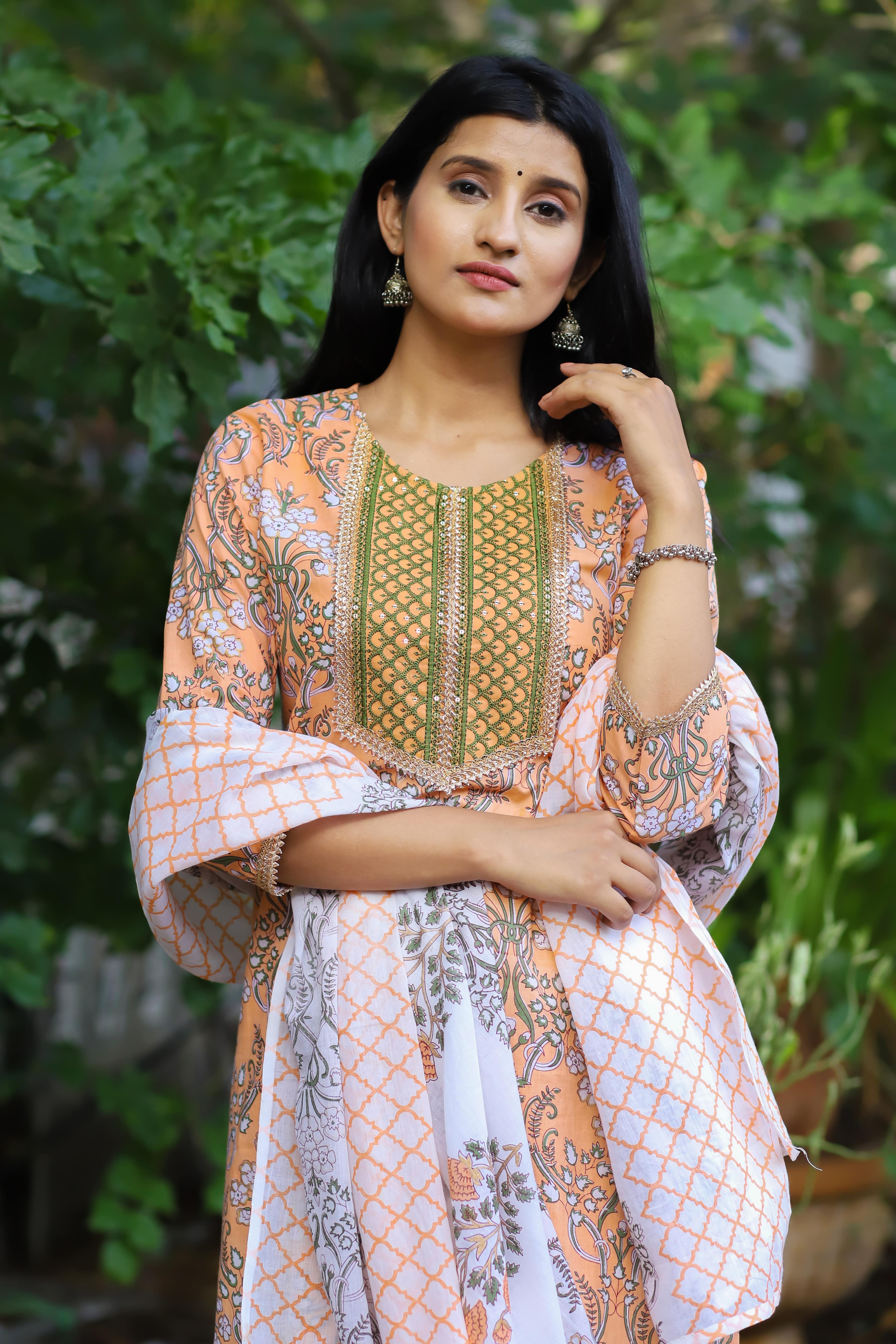 Peach Floral Printed Cotton Suit Set