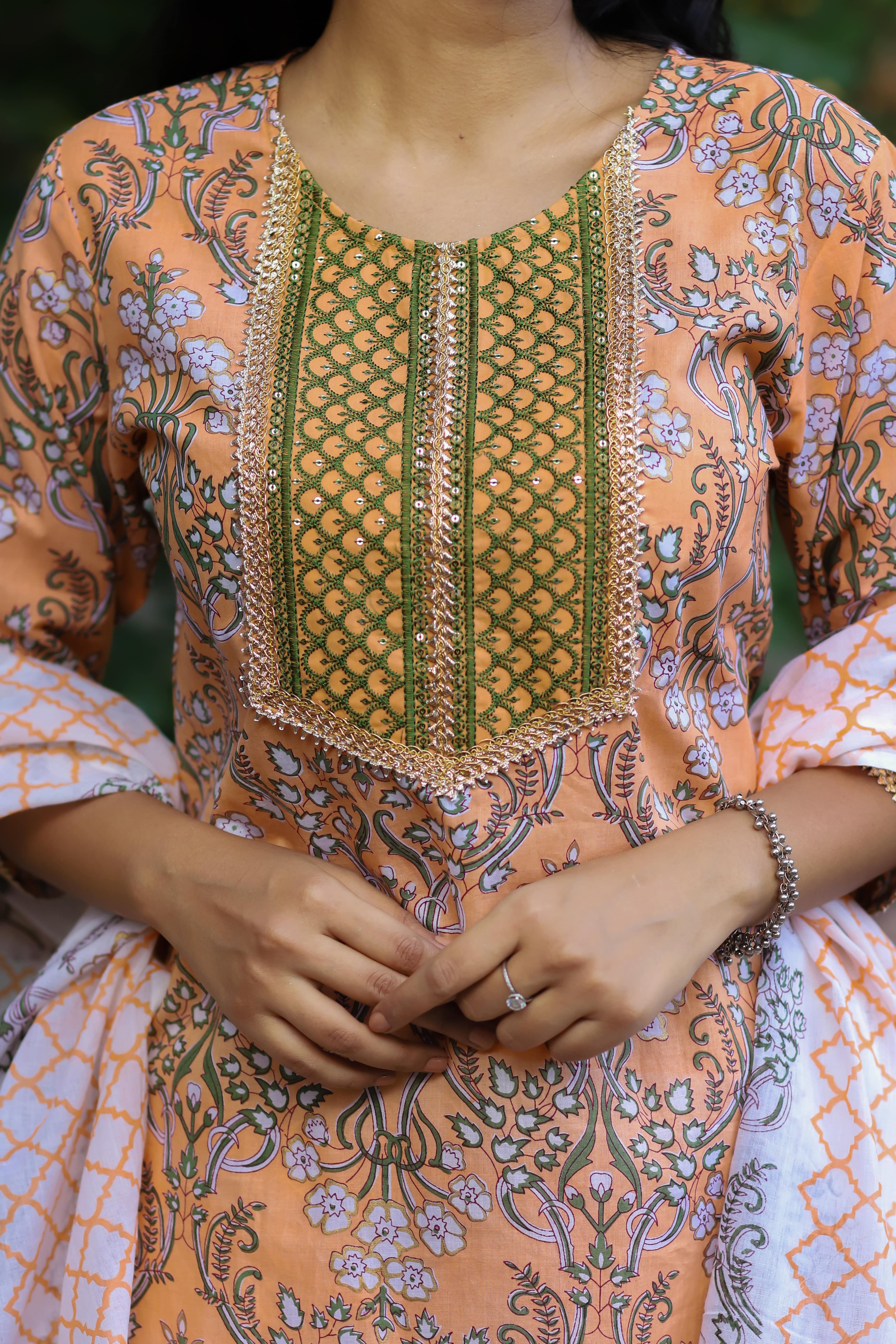 Peach Floral Printed Cotton Suit Set