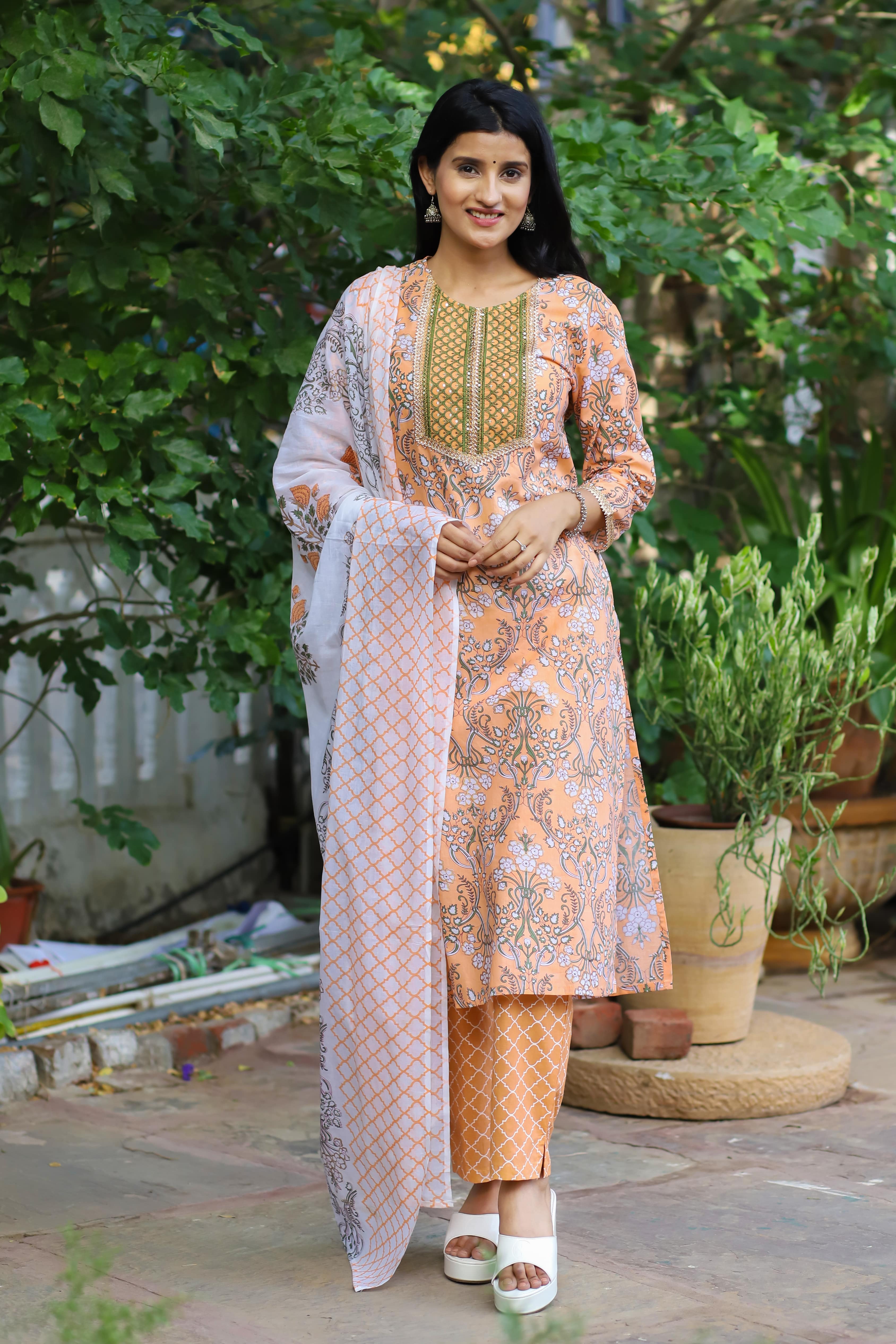 Peach Floral Printed Cotton Suit Set