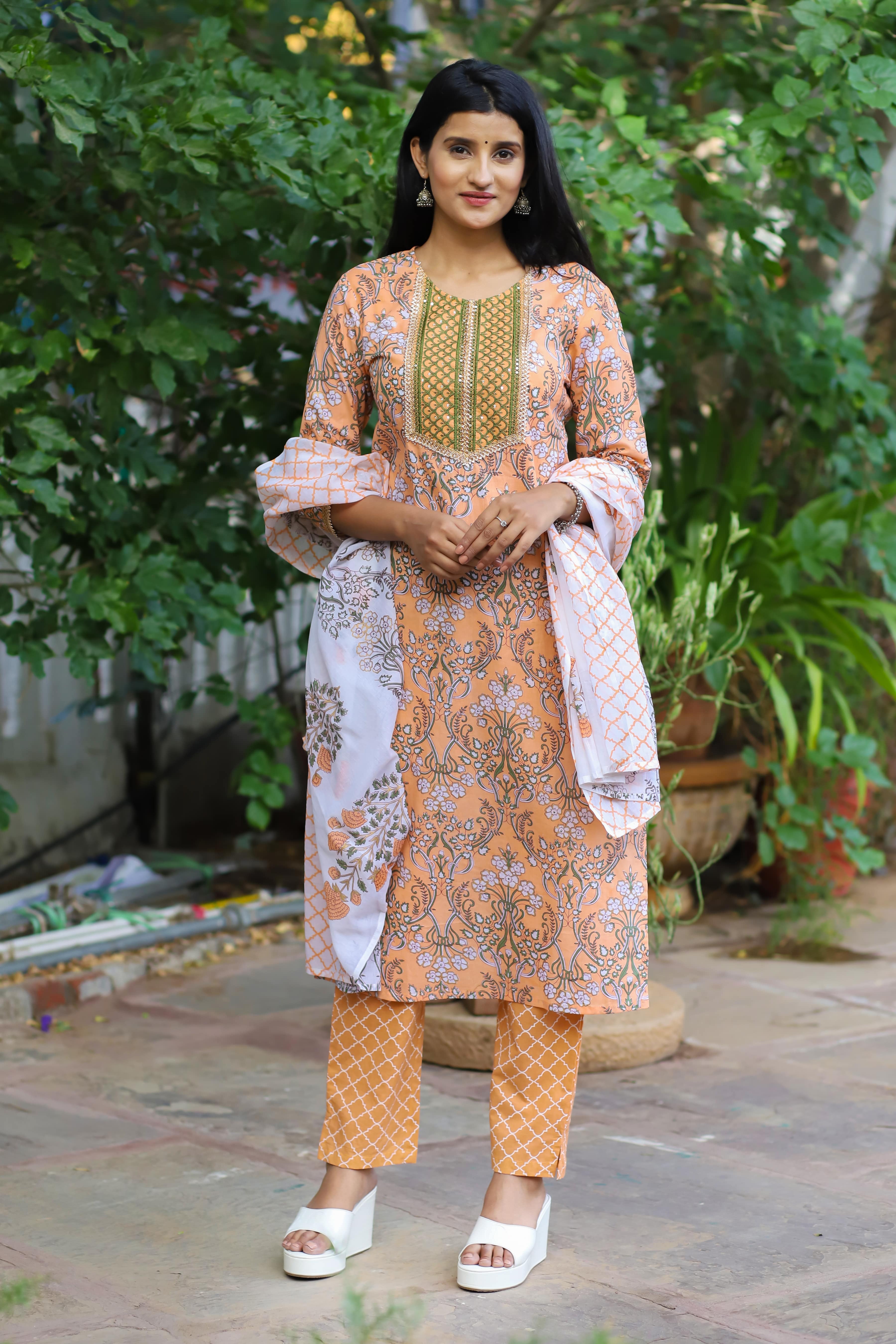 Peach Floral Printed Cotton Suit Set