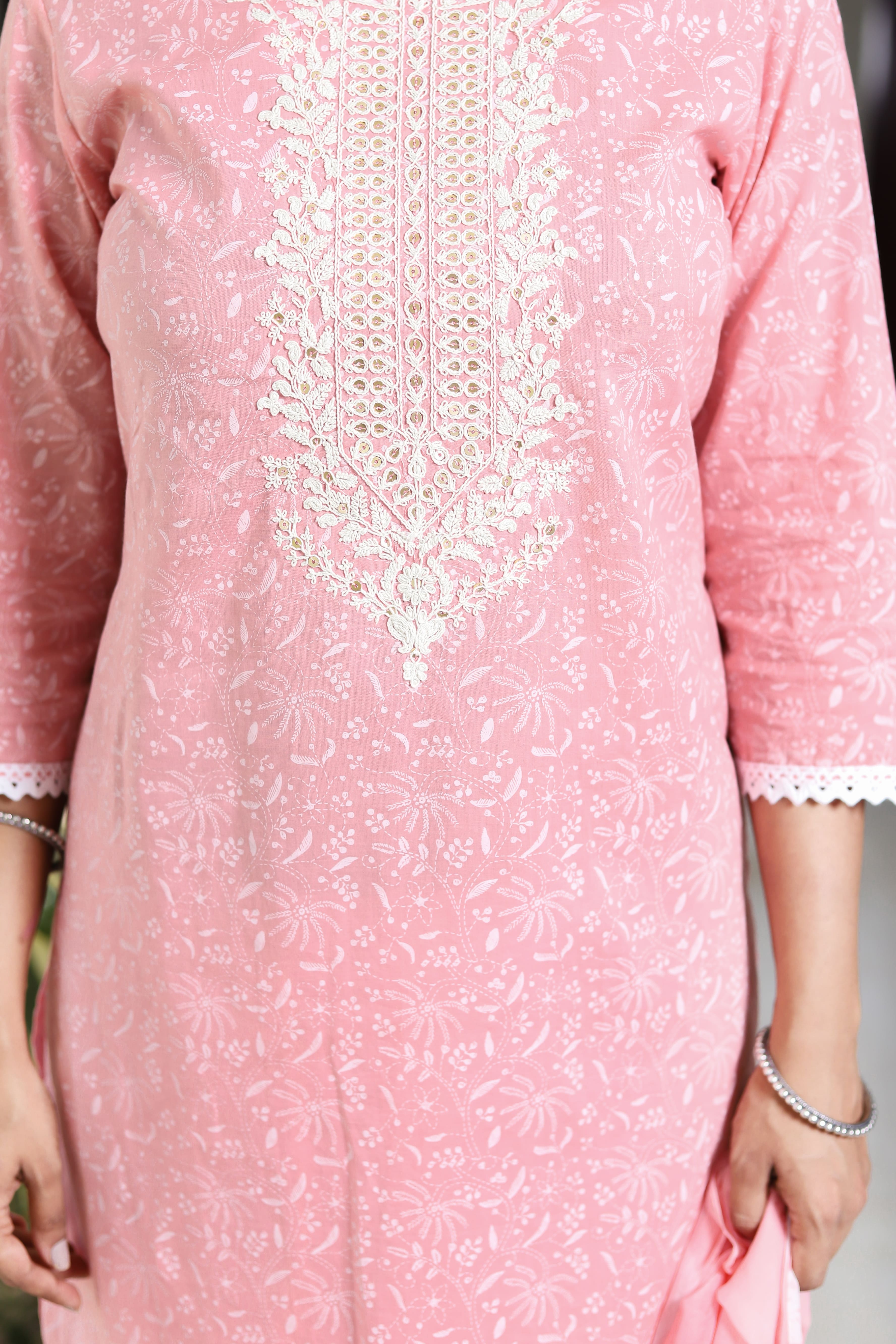 Elegant Pink Embroidered Kurta Set with Dupatta & White Printed Pants