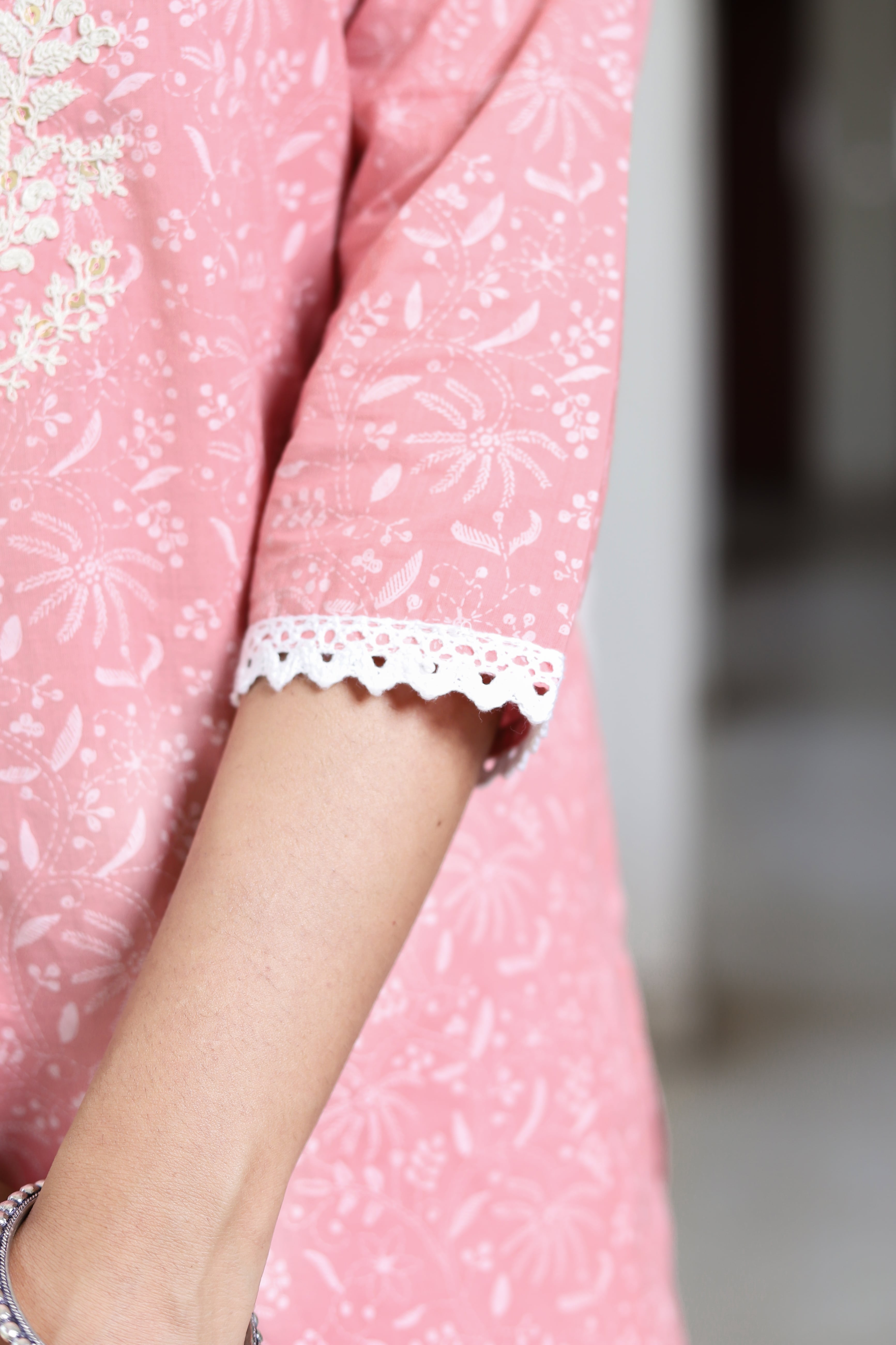 Elegant Pink Embroidered Kurta Set with Dupatta & White Printed Pants