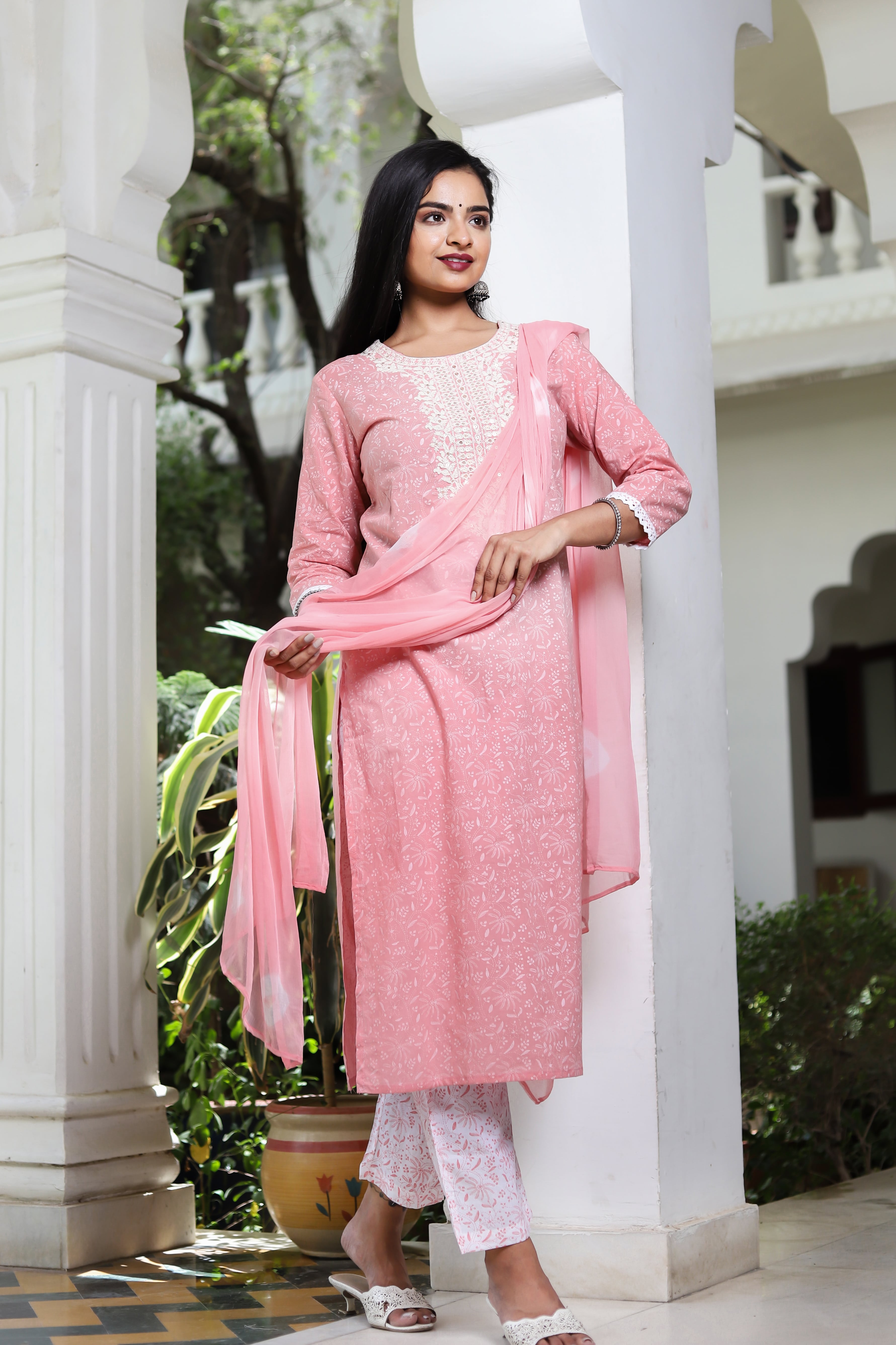 Elegant Pink Embroidered Kurta Set with Dupatta & White Printed Pants