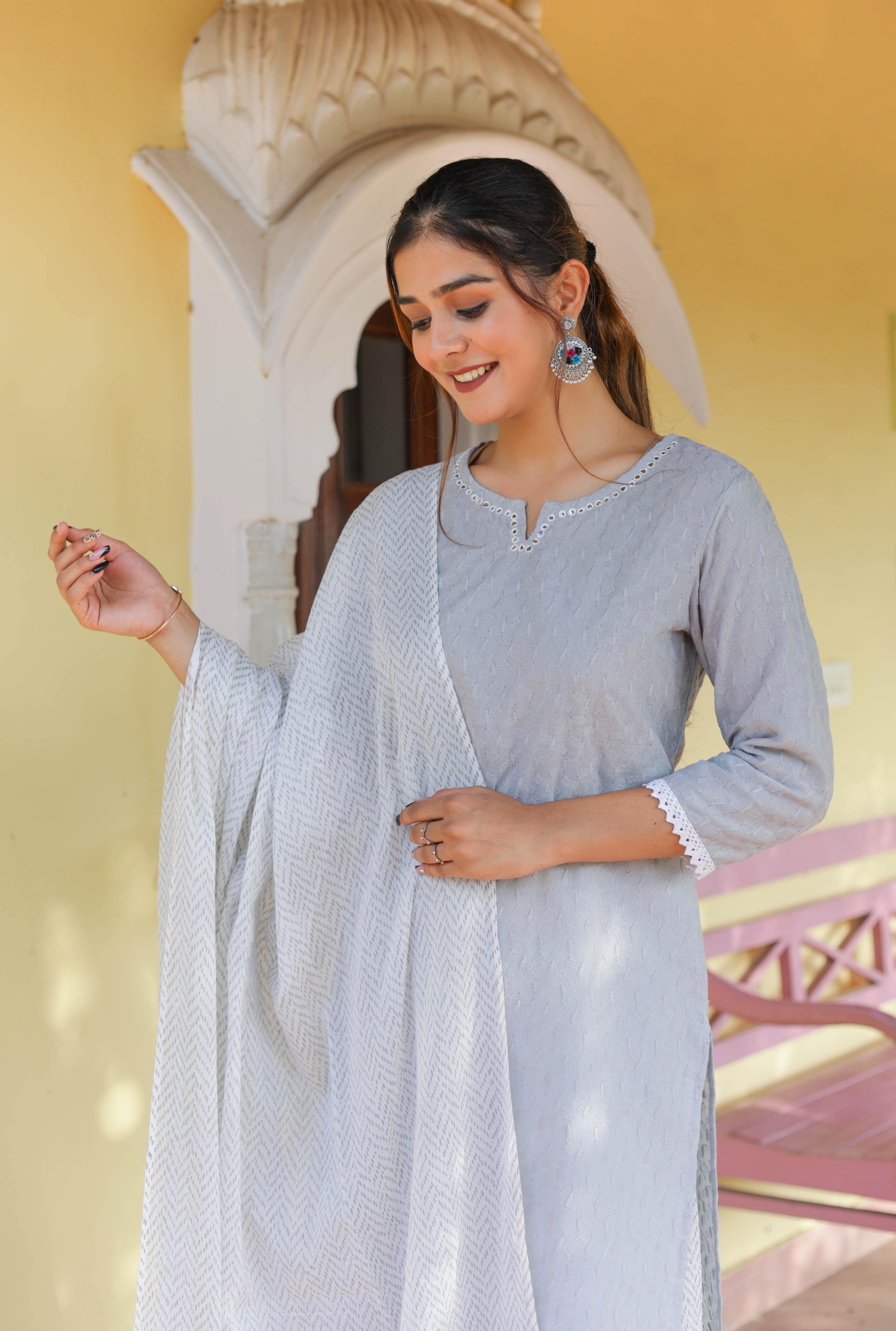Soft Grey Embroidered Kurta Set with Sharara & Dupatta