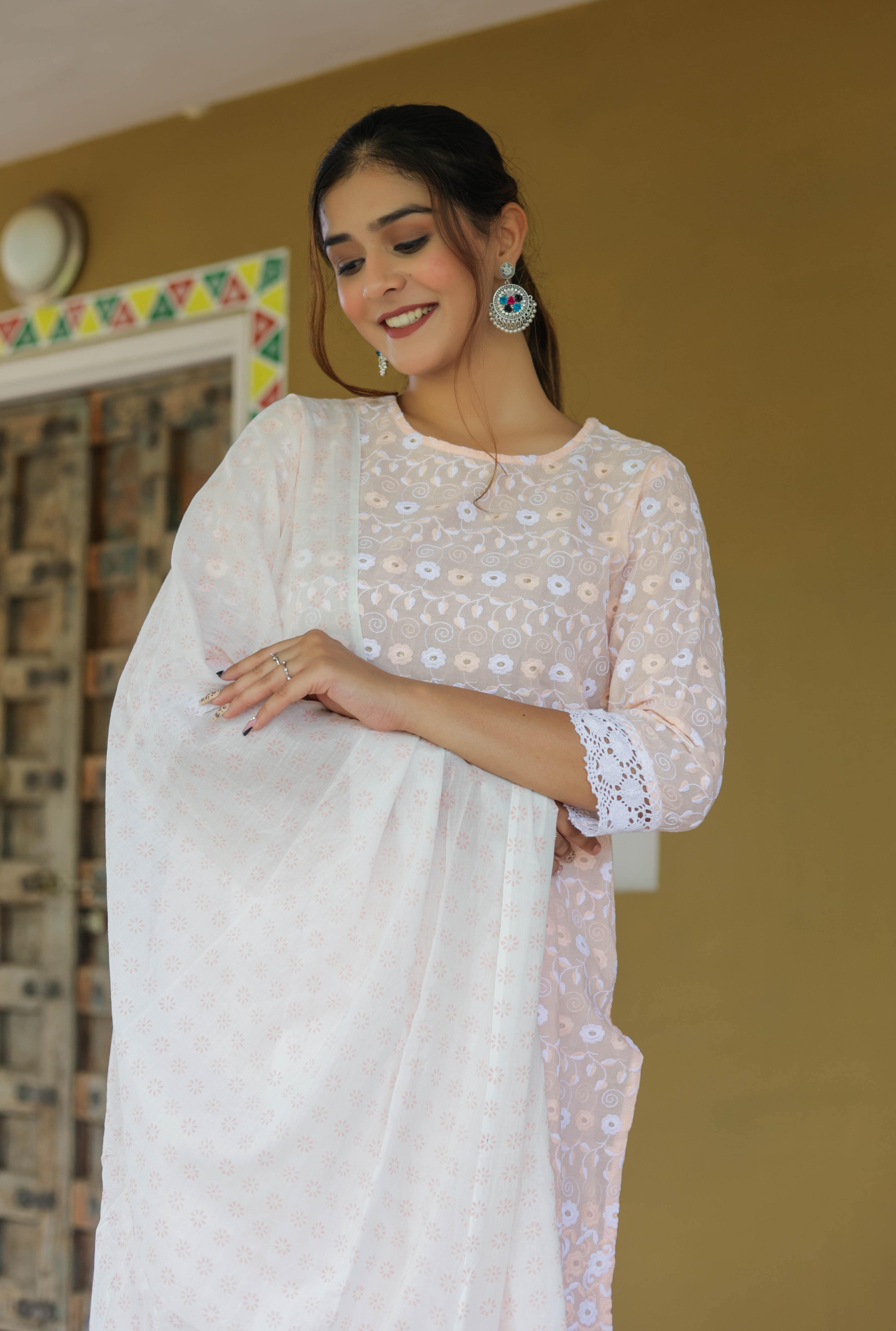 Peach Embroidered Kurta Set with Flared Sharara & Soft Dupatta
