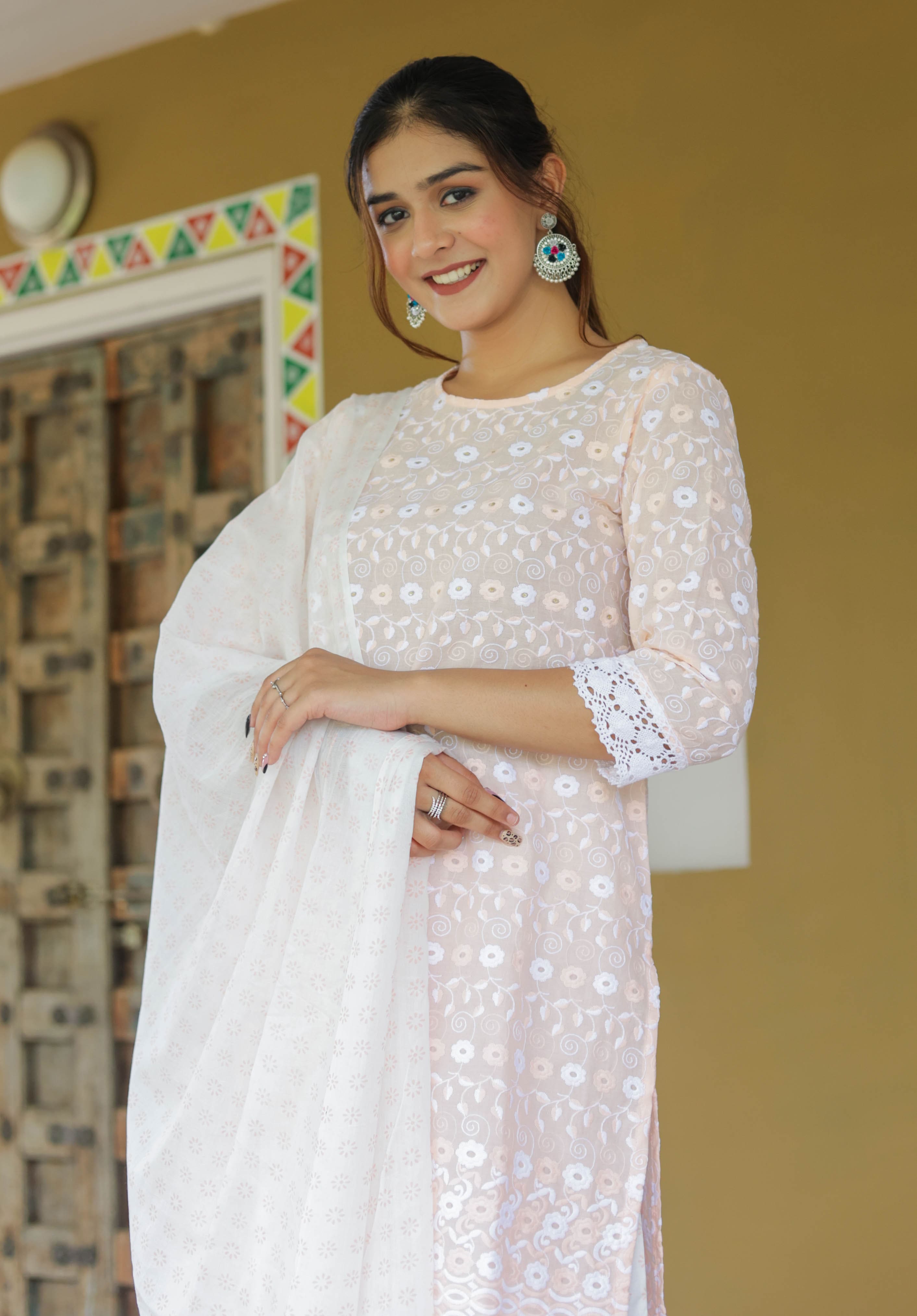 Peach Embroidered Kurta Set with Flared Sharara & Soft Dupatta