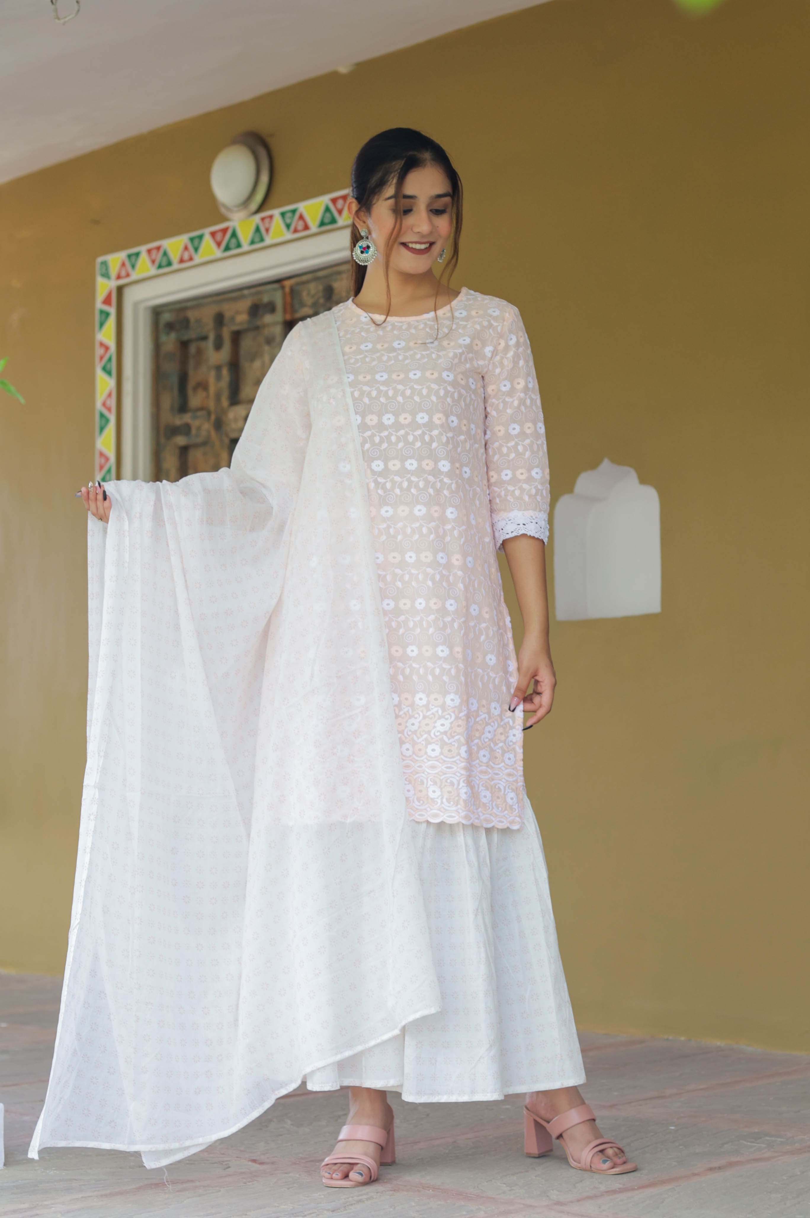 Peach Embroidered Kurta Set with Flared Sharara & Soft Dupatta