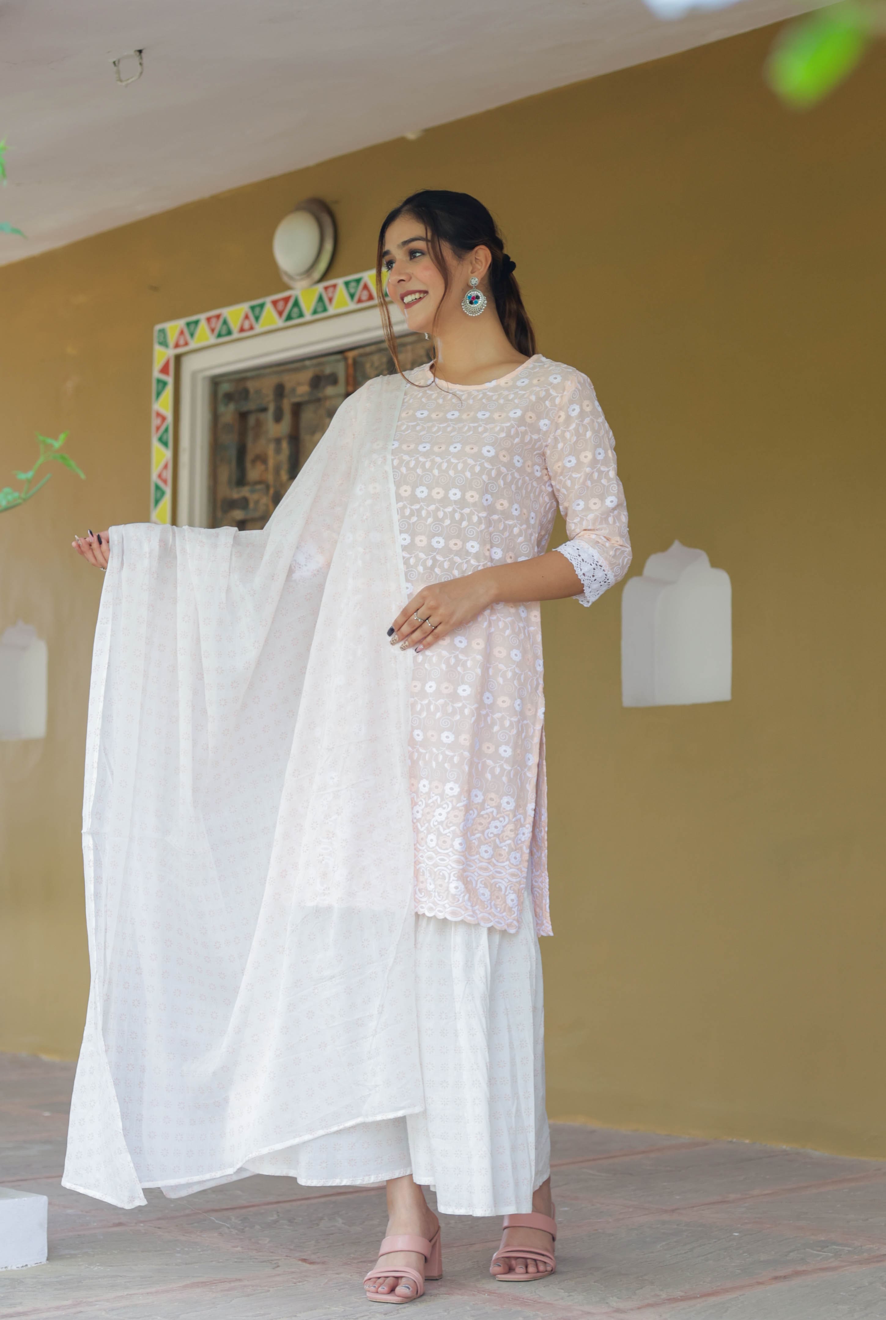 Peach Embroidered Kurta Set with Flared Sharara & Soft Dupatta