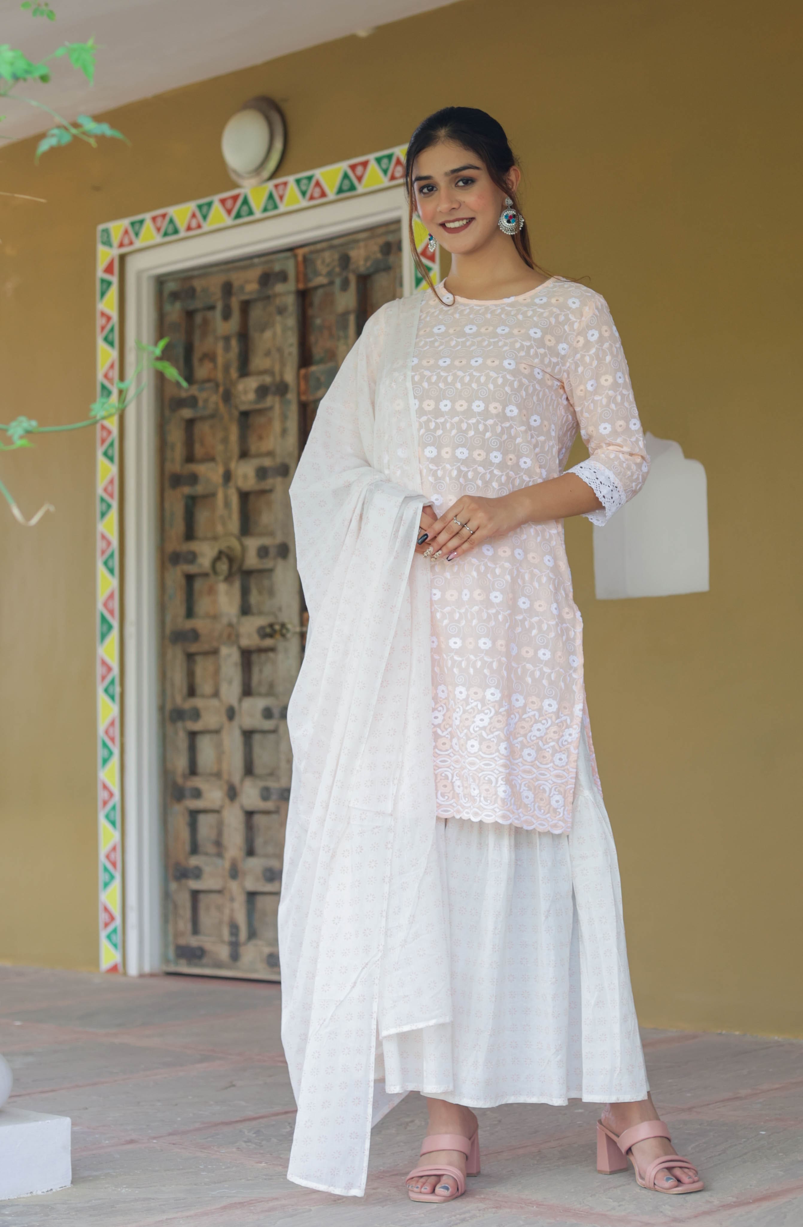 Peach Embroidered Kurta Set with Flared Sharara & Soft Dupatta