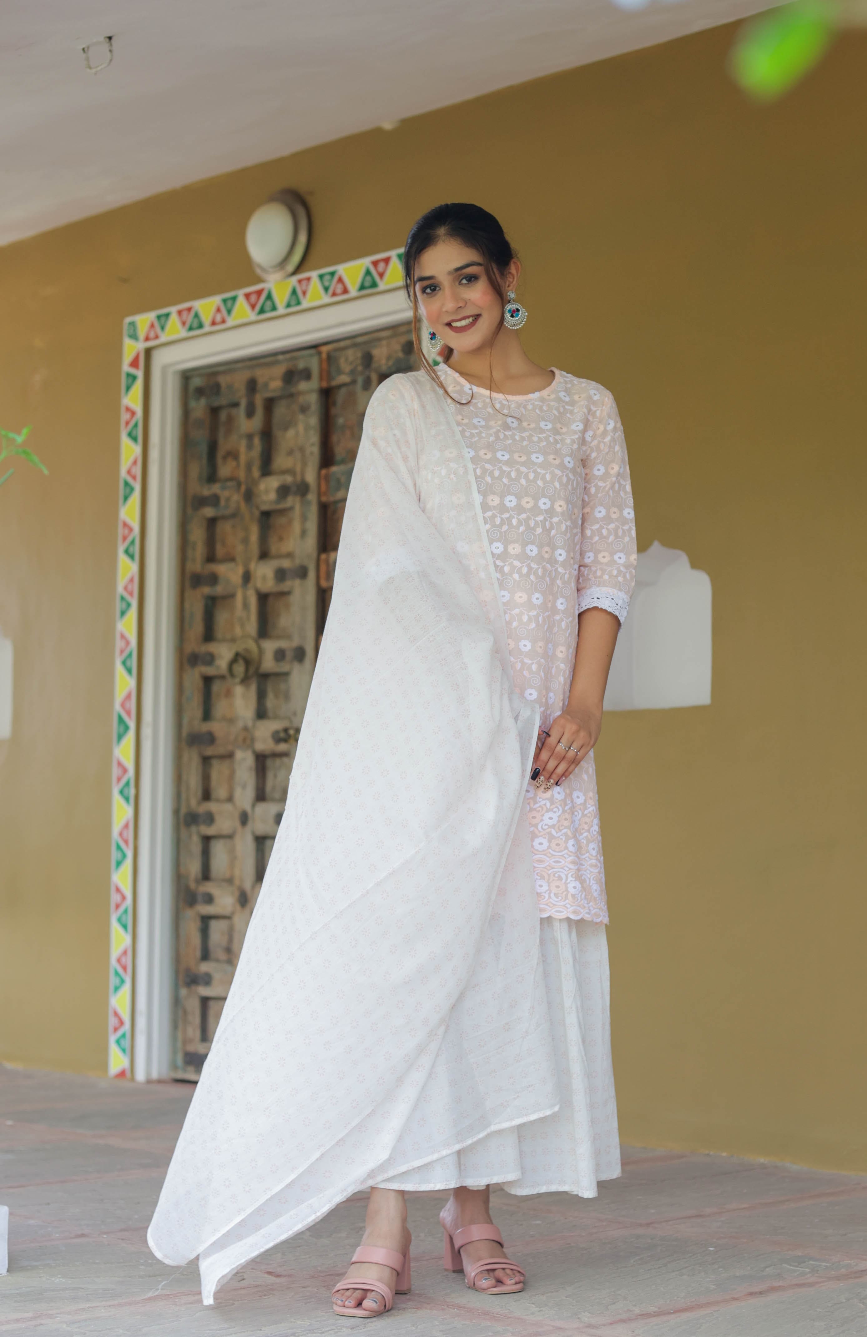 Peach Embroidered Kurta Set with Flared Sharara & Soft Dupatta