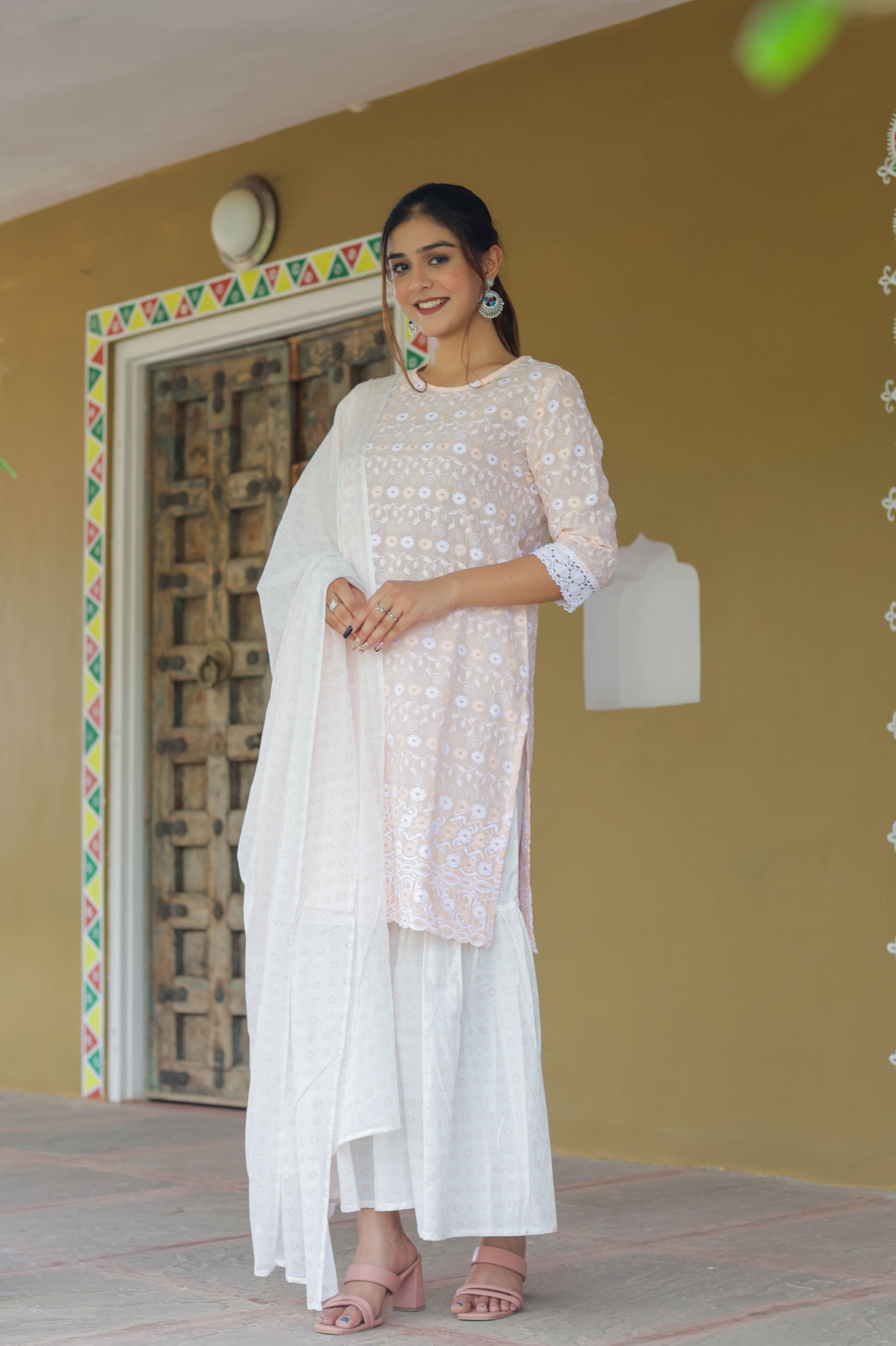 Peach Embroidered Kurta Set with Flared Sharara & Soft Dupatta