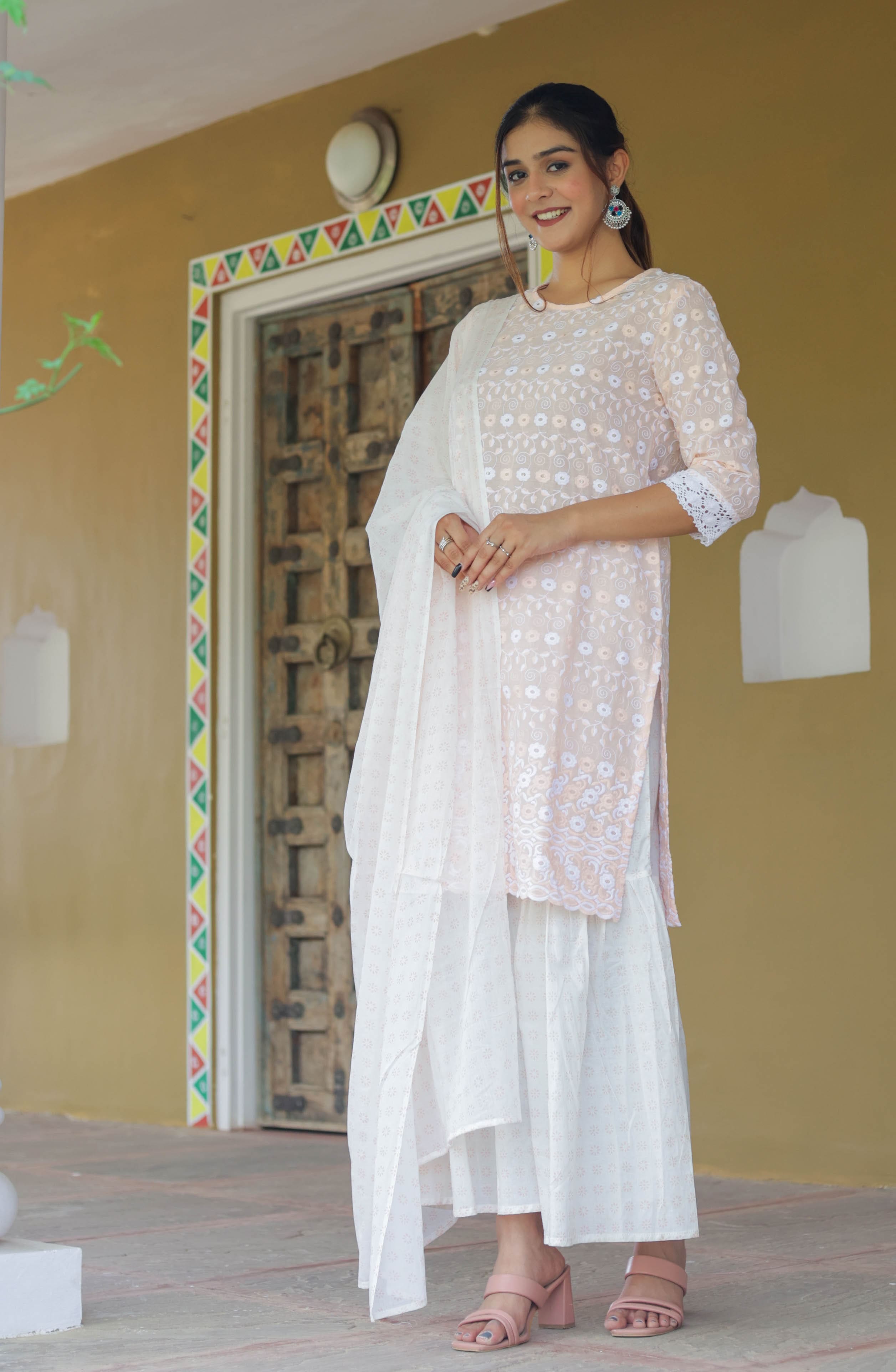 Peach Embroidered Kurta Set with Flared Sharara & Soft Dupatta