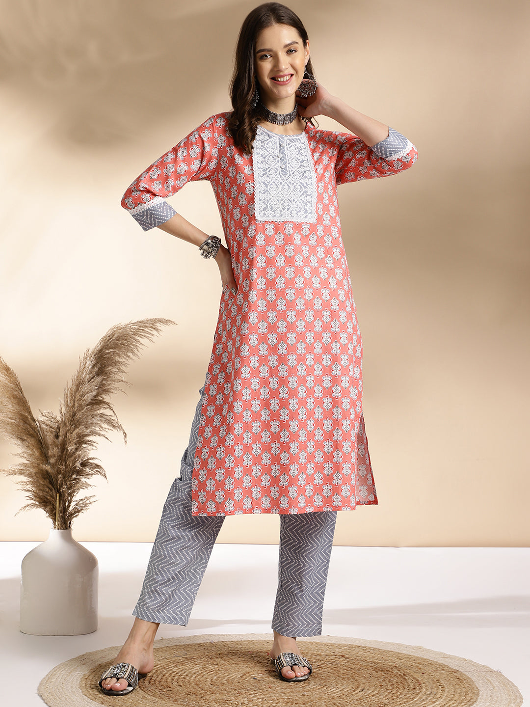 Peach Floral Printed Kurta Set with Grey Pants