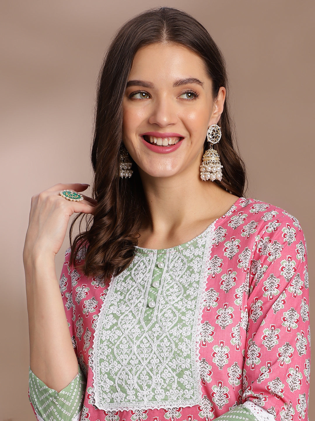 Pink & Green Printed Cotton Kurta Set