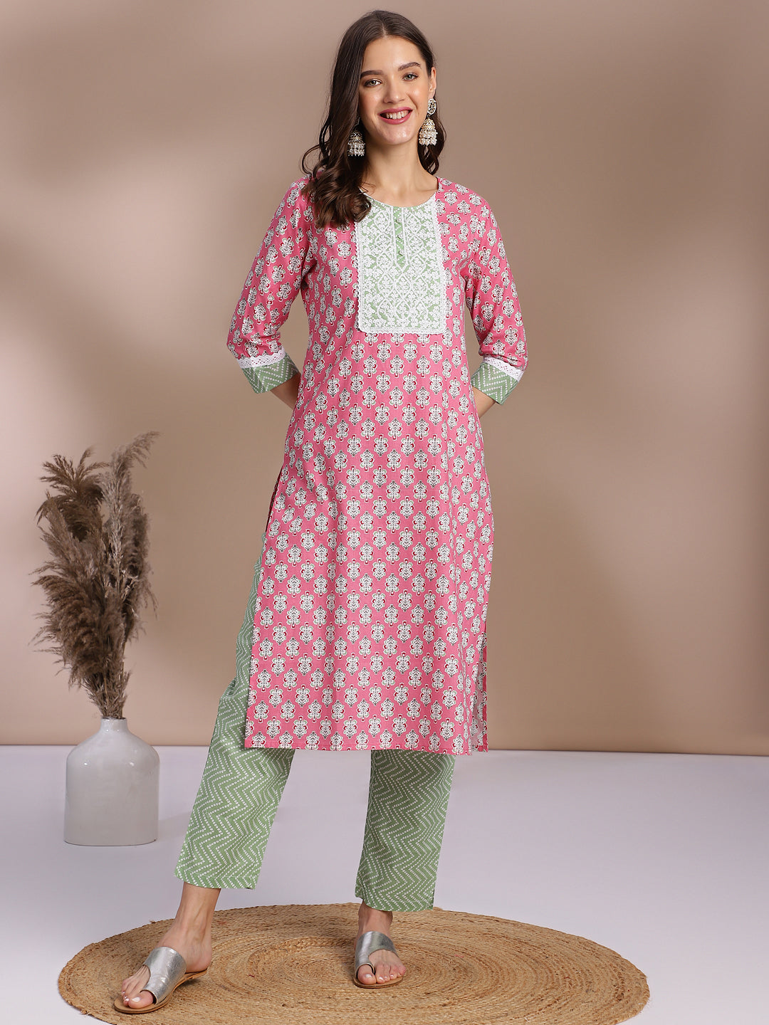 Pink & Green Printed Cotton Kurta Set
